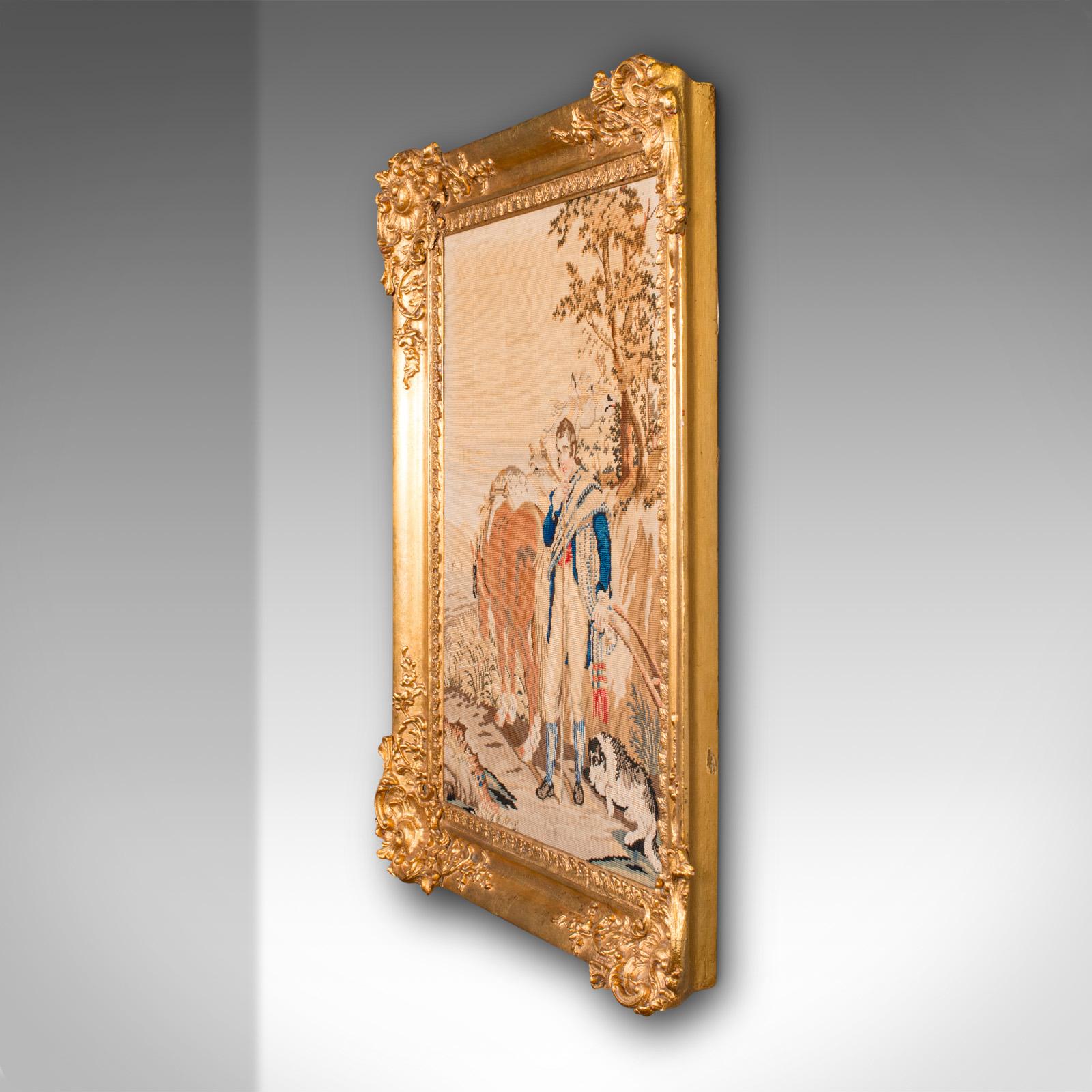 European Antique Frame Tapestry, Continental, Needlepoint, Giltwood, Panel, Victorian For Sale