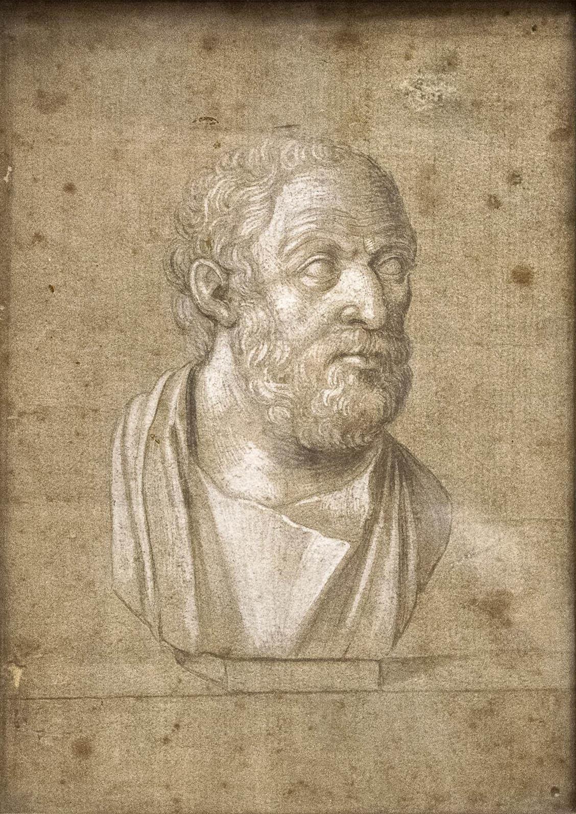 Antique framed Academic Chalk Drawing of a Greek Intellectual on Sepia toned and textured paper

Anonymous
Italy; 19th century
White and Dark Grey Chalk on Sepia Paper; narrow wooden frame

Approximate size: 8.25 (h) x 6 (w) in.

The present sketch,