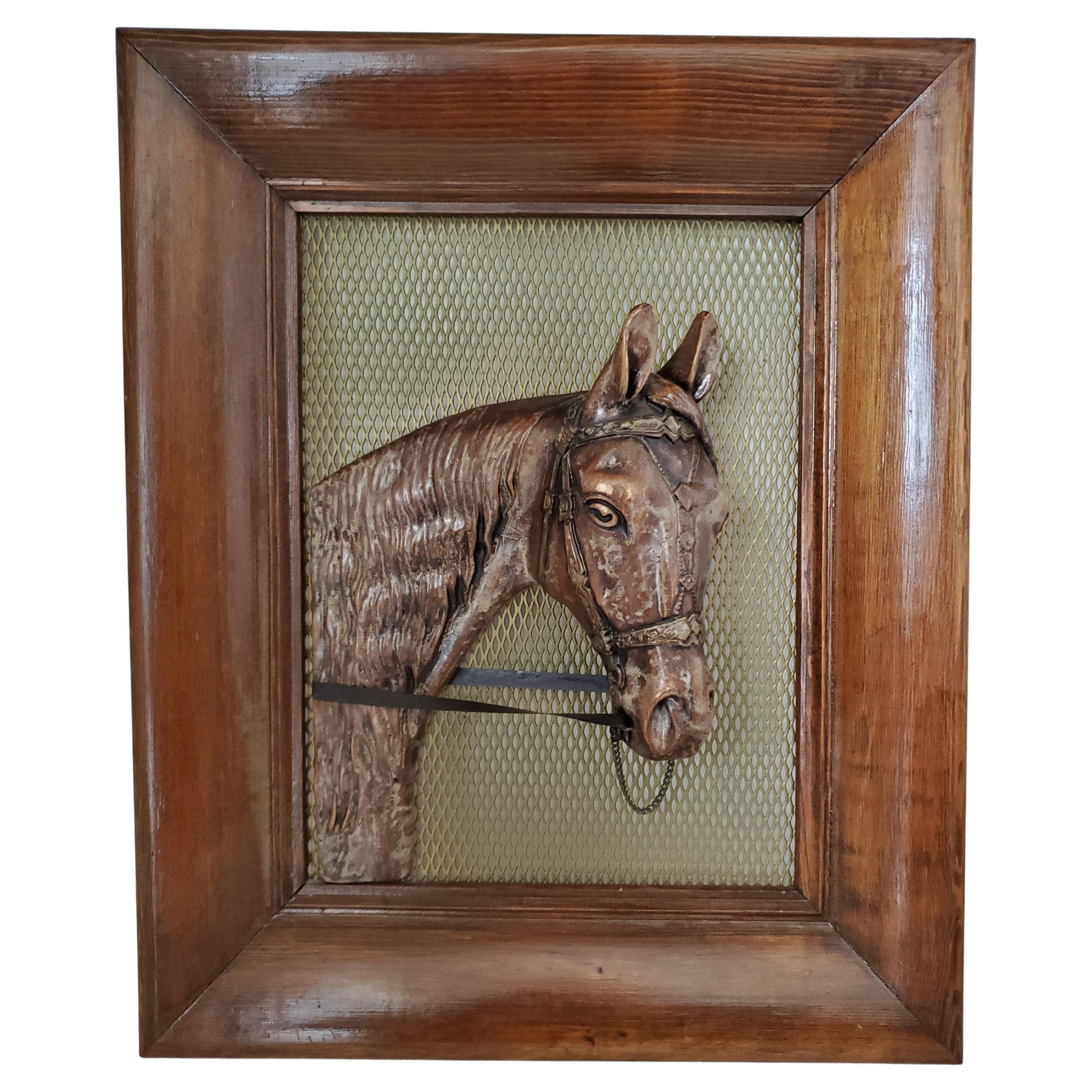 Antique Framed and Mounted Copper Horse Head in Relief on Mesh Screen