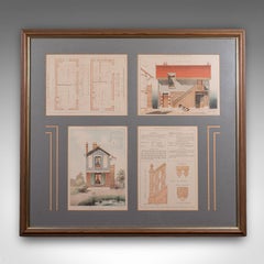 Antique Framed Architectural Plans, French, Industrial Lithograph Art, Victorian