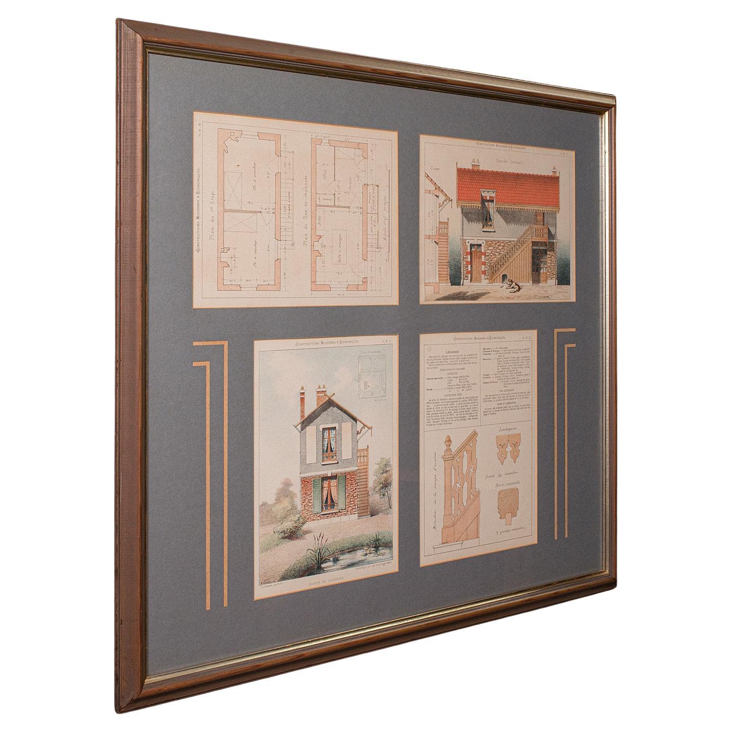 Antique Framed Architectural Plans, French, Industrial Lithograph Art, Victorian