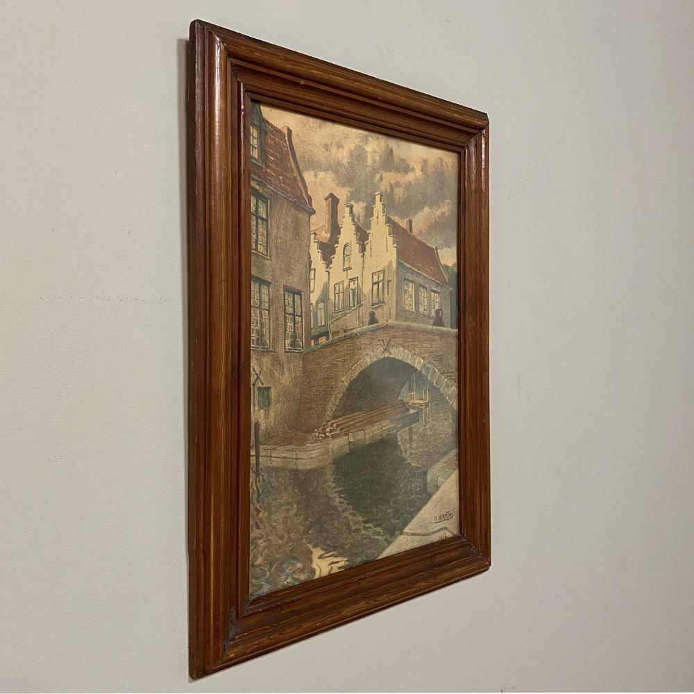 Aesthetic Movement Antique Framed Charcoal & Watercolor of a Baroque Village by Alfred Martin, Date For Sale