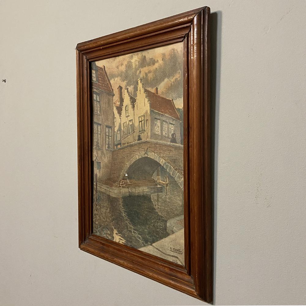Belgian Antique Framed Charcoal & Watercolor of a Baroque Village by Alfred Martin, Date For Sale