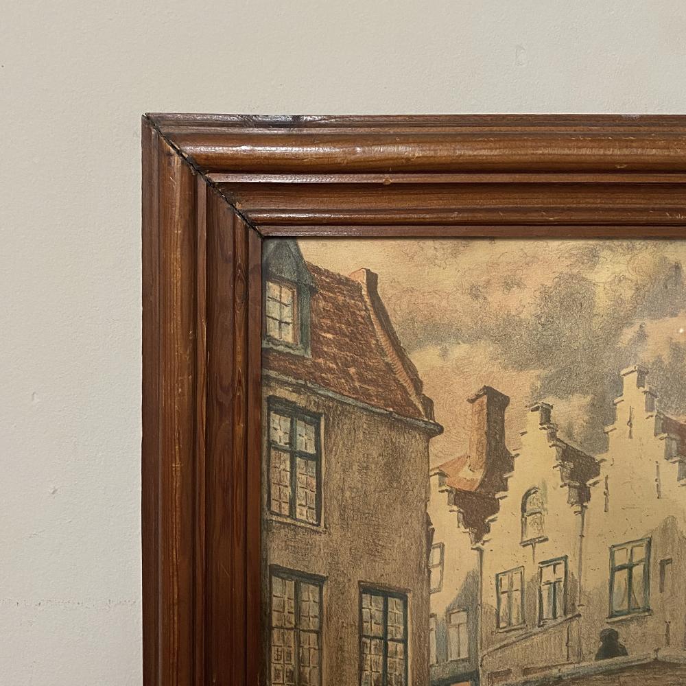 Hand-Painted Antique Framed Charcoal & Watercolor of a Baroque Village by Alfred Martin, Date For Sale