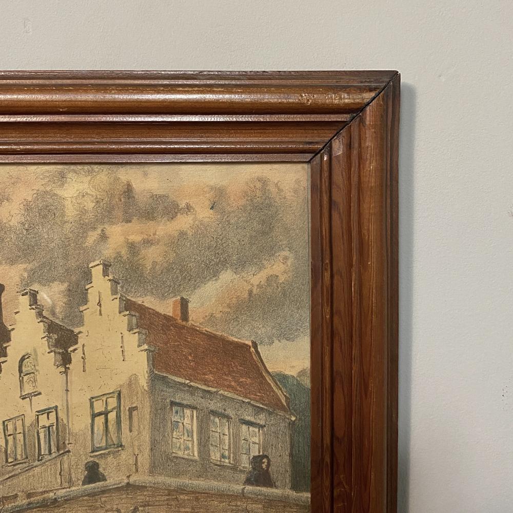 Antique Framed Charcoal & Watercolor of a Baroque Village by Alfred Martin, Date In Good Condition For Sale In Dallas, TX