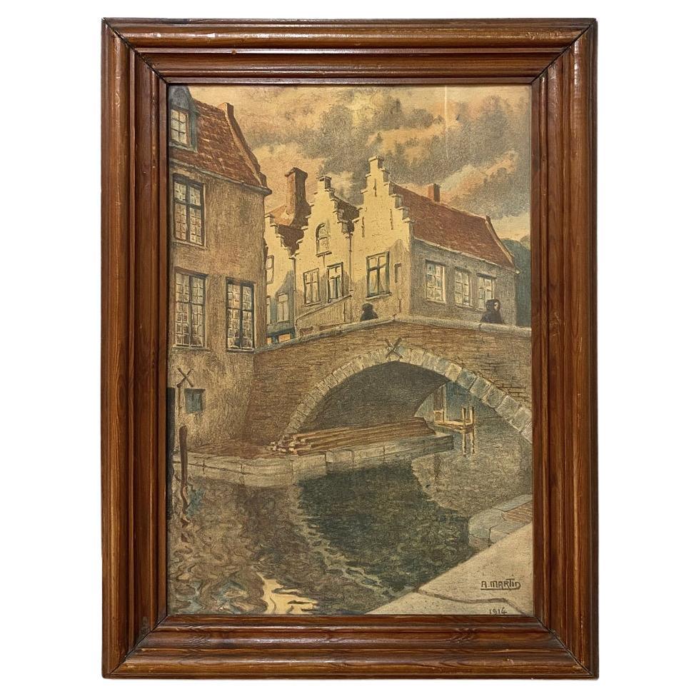 Antique Framed Charcoal & Watercolor of a Baroque Village by Alfred Martin, Date