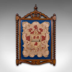 Antique Framed Coat of Arms, English, Needlepoint Tapestry, Oak, Victorian, 1900