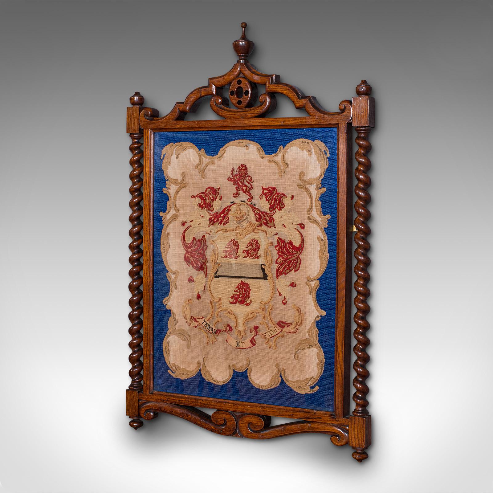 British Antique Framed Coat of Arms, English, Needlepoint Tapestry, Oak, Victorian, 1900 For Sale