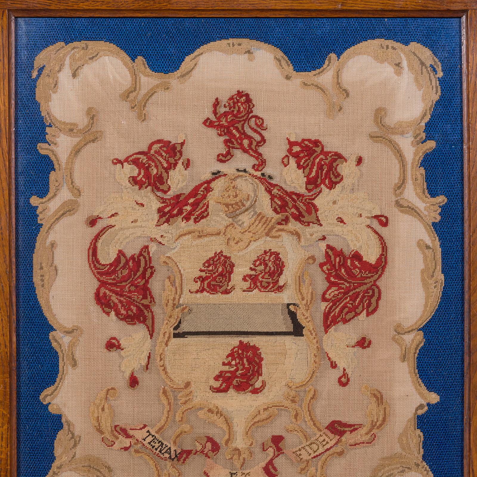 Antique Framed Coat of Arms, English, Needlepoint Tapestry, Oak, Victorian, 1900 For Sale 1