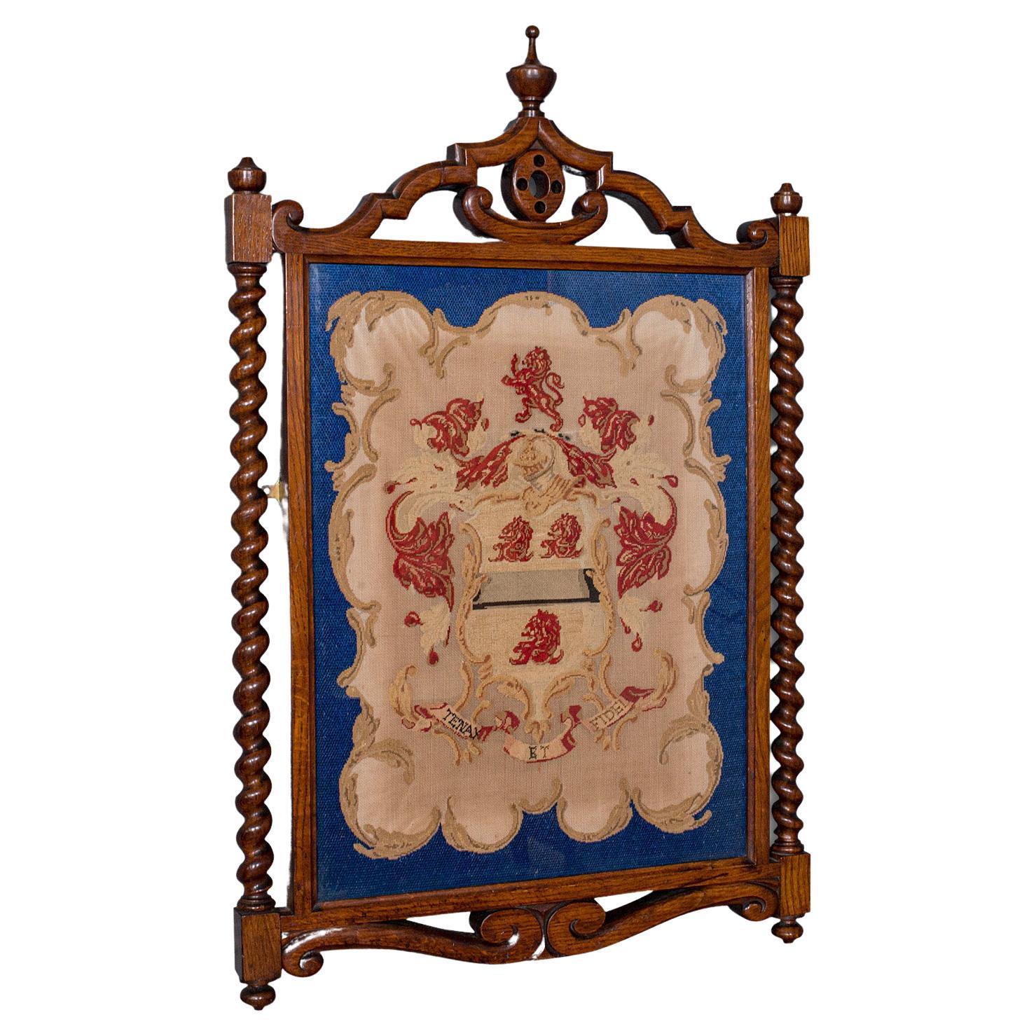Antique Framed Coat of Arms, English, Needlepoint Tapestry, Oak, Victorian, 1900 For Sale
