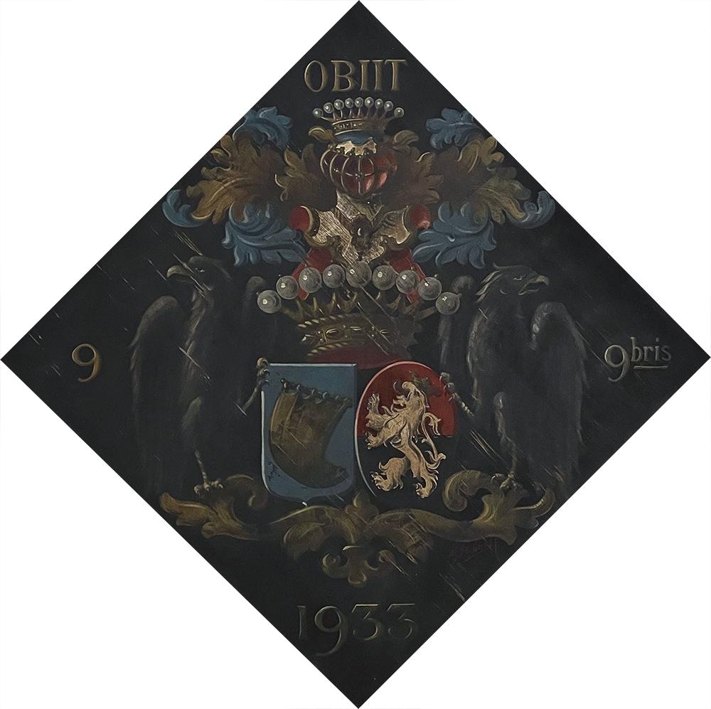 Antique framed coat of arms plaque is an interesting artifact that will make a splendid decorative touch to any masculine decor. Such memorials were produced to honor the passing of a notable member of a guild or prominent member of a particular
