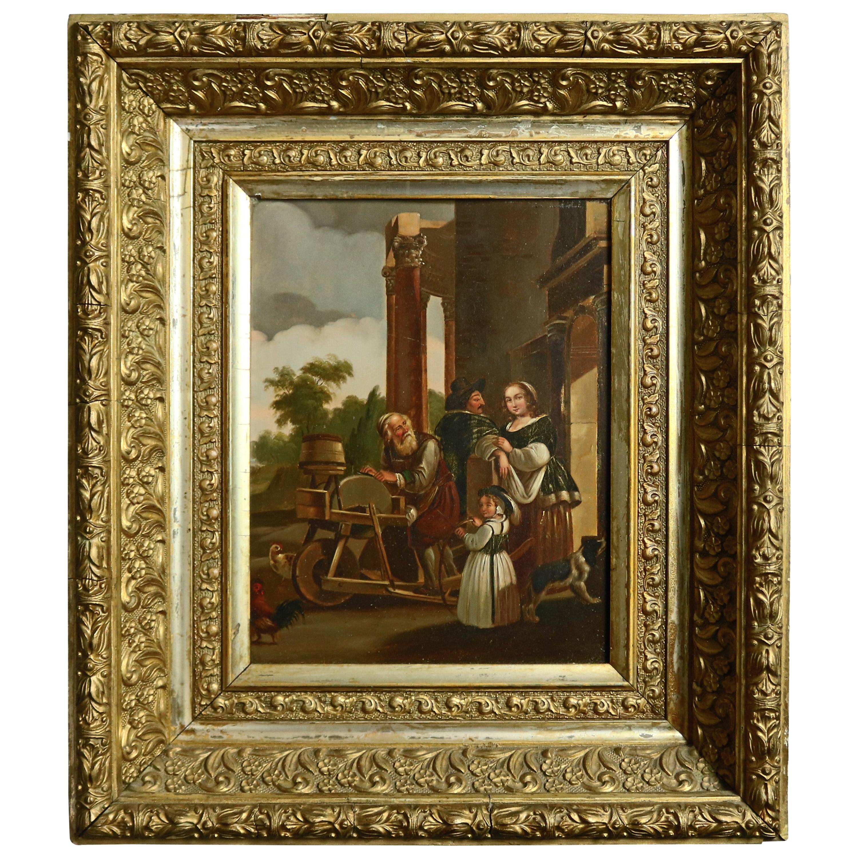 Antique Framed Continental Oil on Canvas Genre Scene with Figures, circa 1890