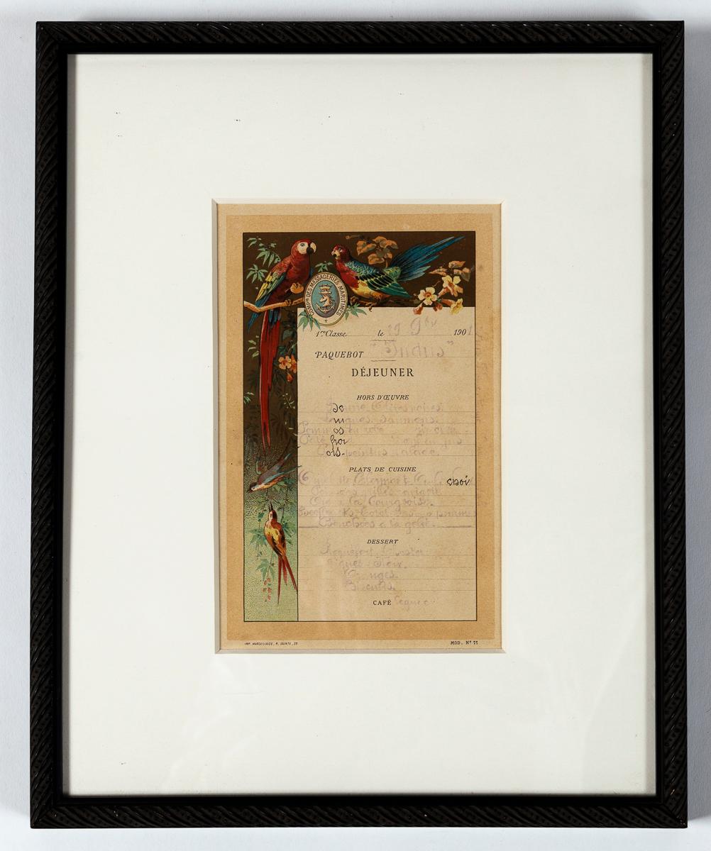 Antique Framed 'Dejeuner' (Lunch) Restaurant Menu, France, 1901. First Class menu from the restaurant aboard the ship Compagnie Messageries Maritime, Port Marseille. This line sailed to the Mid/Far East and Australia, late 19th century through
