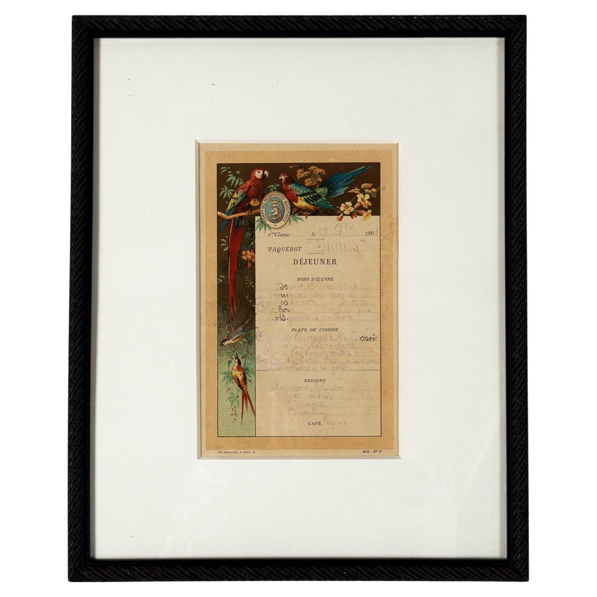 Antiguo menú de restaurante "Dejeuner" (almuerzo) enmarcado, Francia, 1901