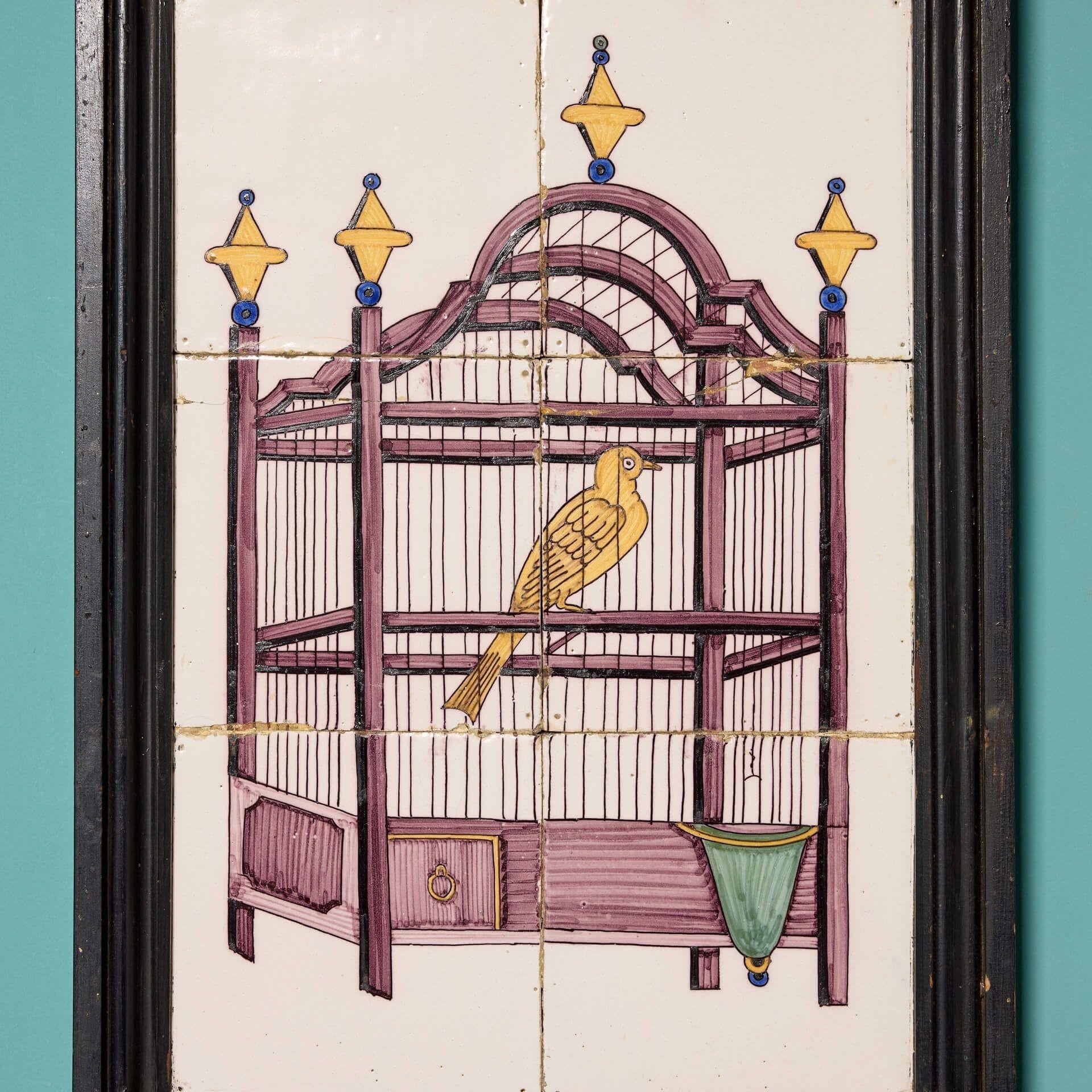 Georgian Antique Framed Delft Tile Panel Depicting a Bird in Cage For Sale
