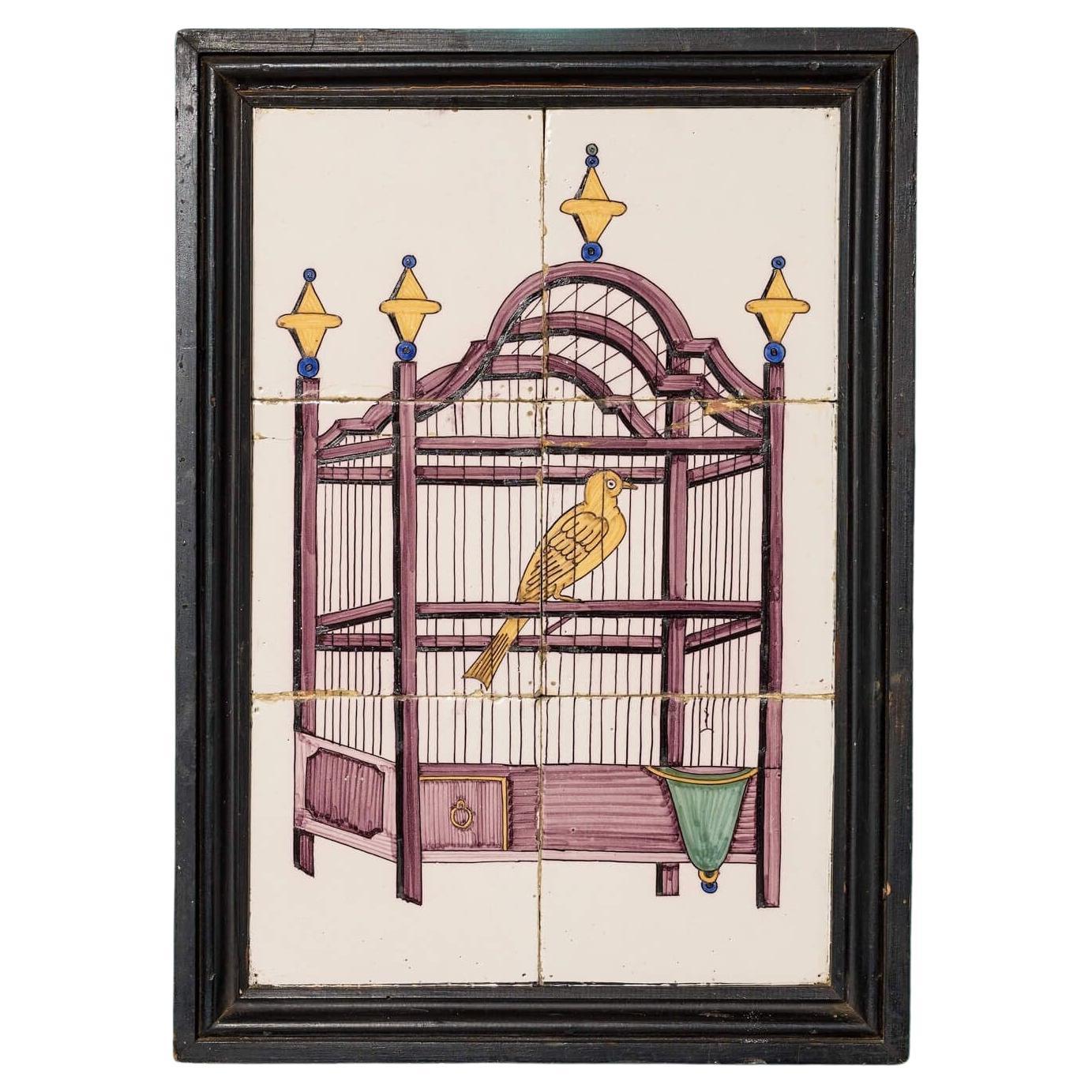 Antique Framed Delft Tile Panel Depicting a Bird in Cage For Sale