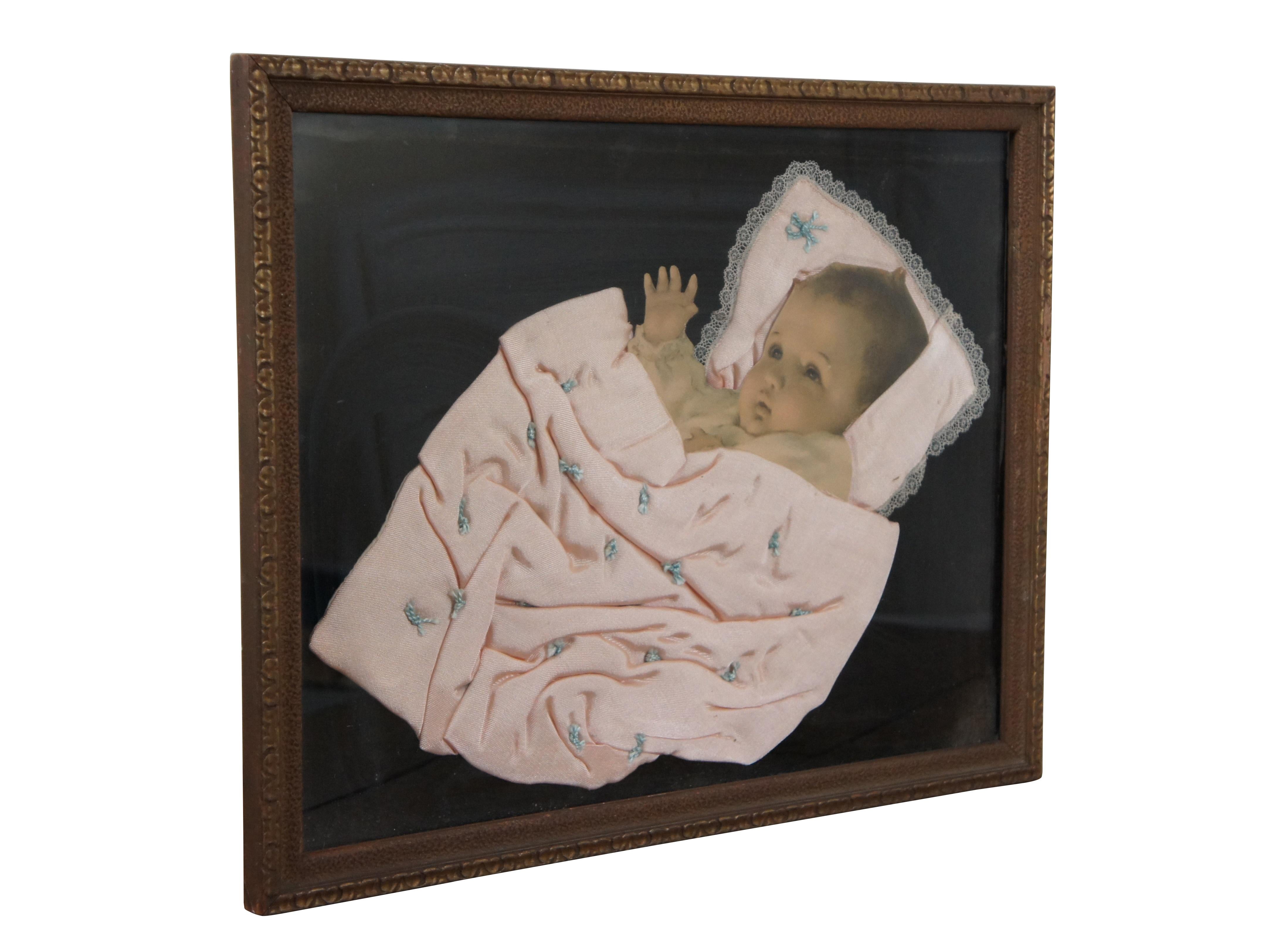 Antique Framed Die Cut Baby Portrait Blanket & Photo Mourning Memorial Art 20
