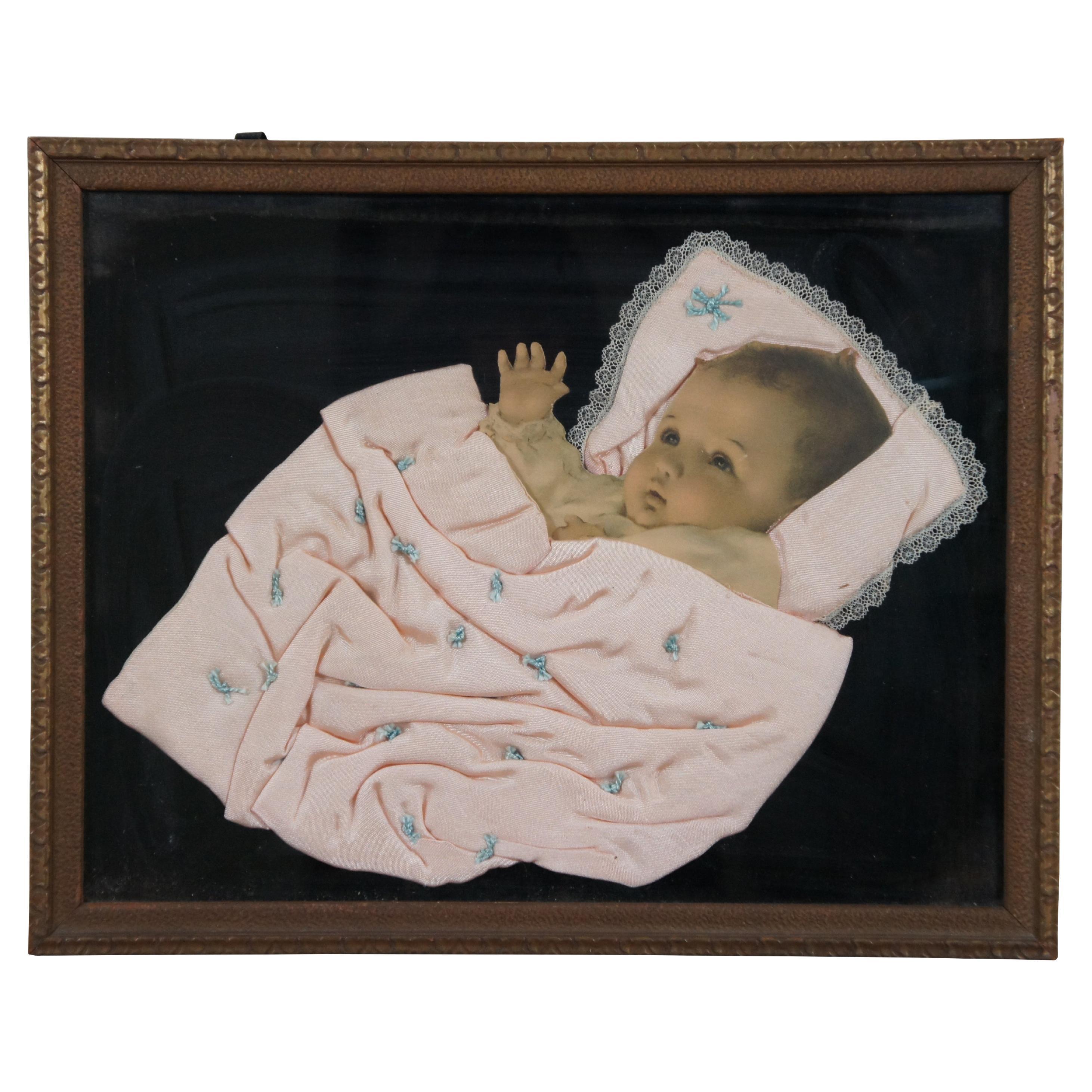Antique Framed Die Cut Baby Portrait Blanket & Photo Mourning Memorial Art 20"