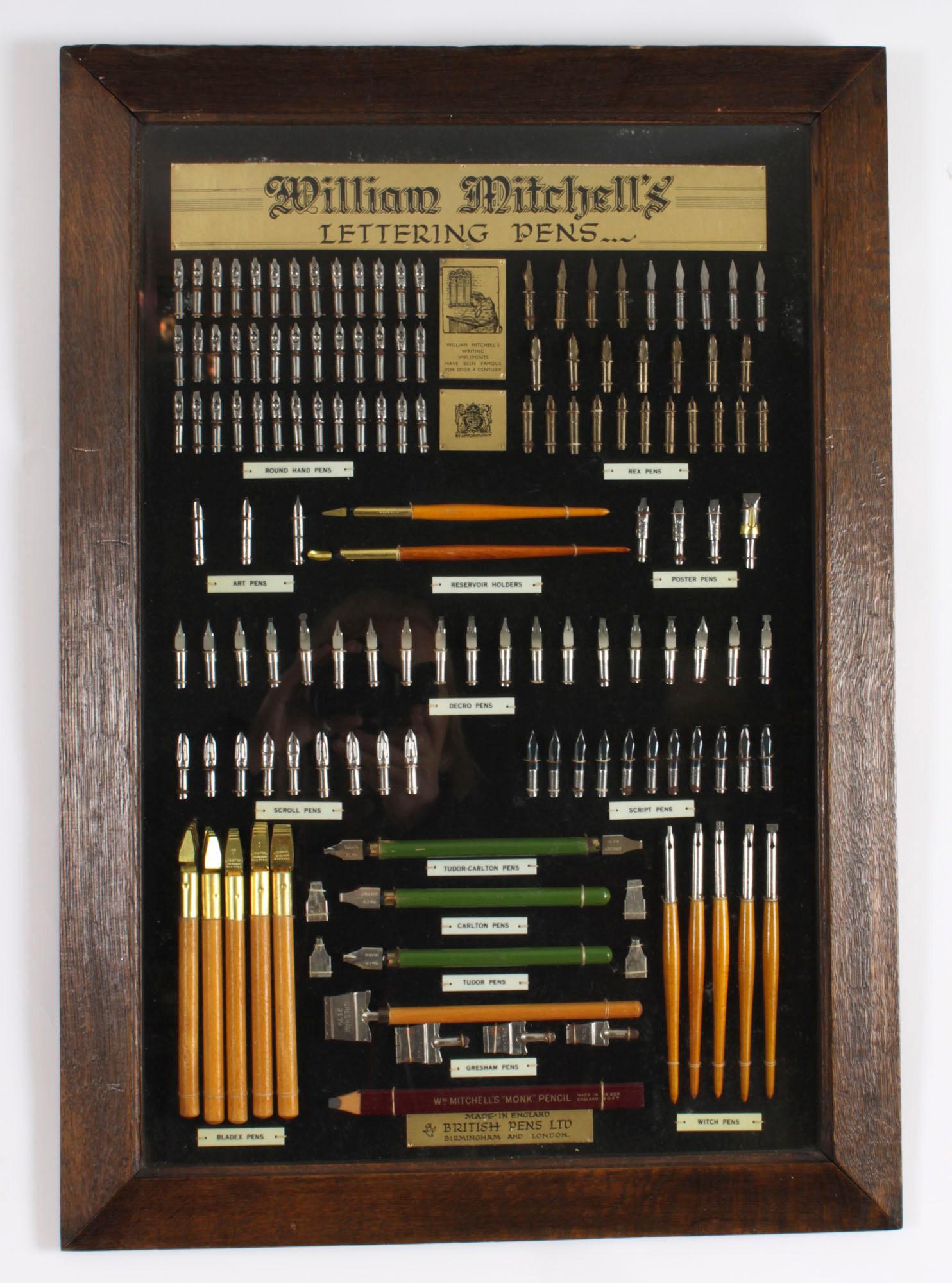 Antique Framed Display of Lettering Pens Nibs William Mitchell Circa 1920 For Sale 6