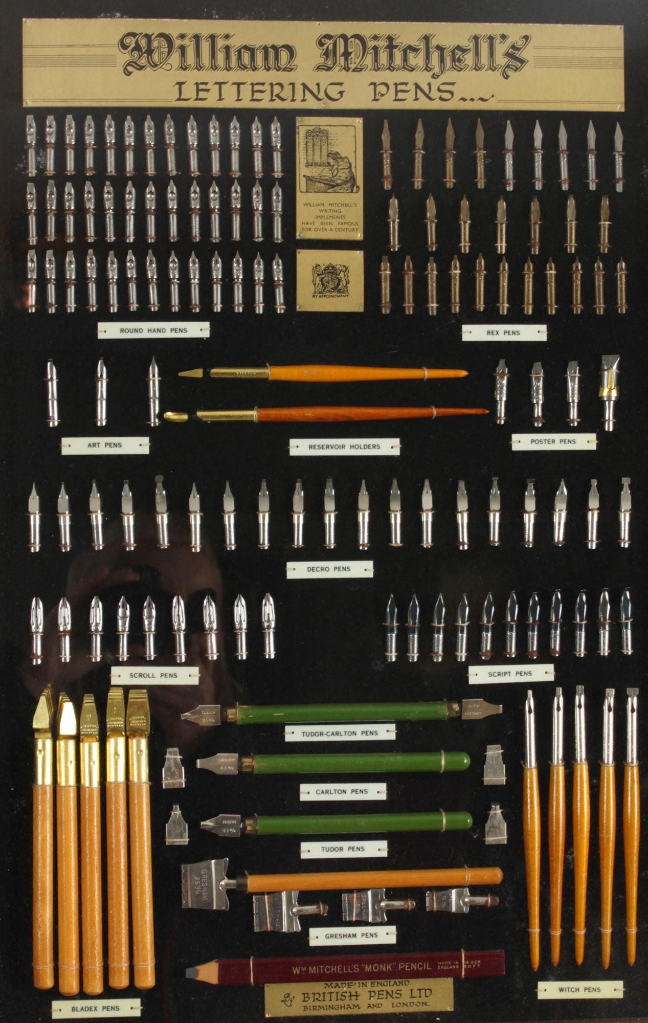 An unusual sample board advertising William Mitchell’s Lettering Pens containing numerous nibs and pens in its original oak wooden frame, and Circa 1920 in date.

Inscribed “William Mitchell’s Lettering Pens made in England, British Pens Ltd,