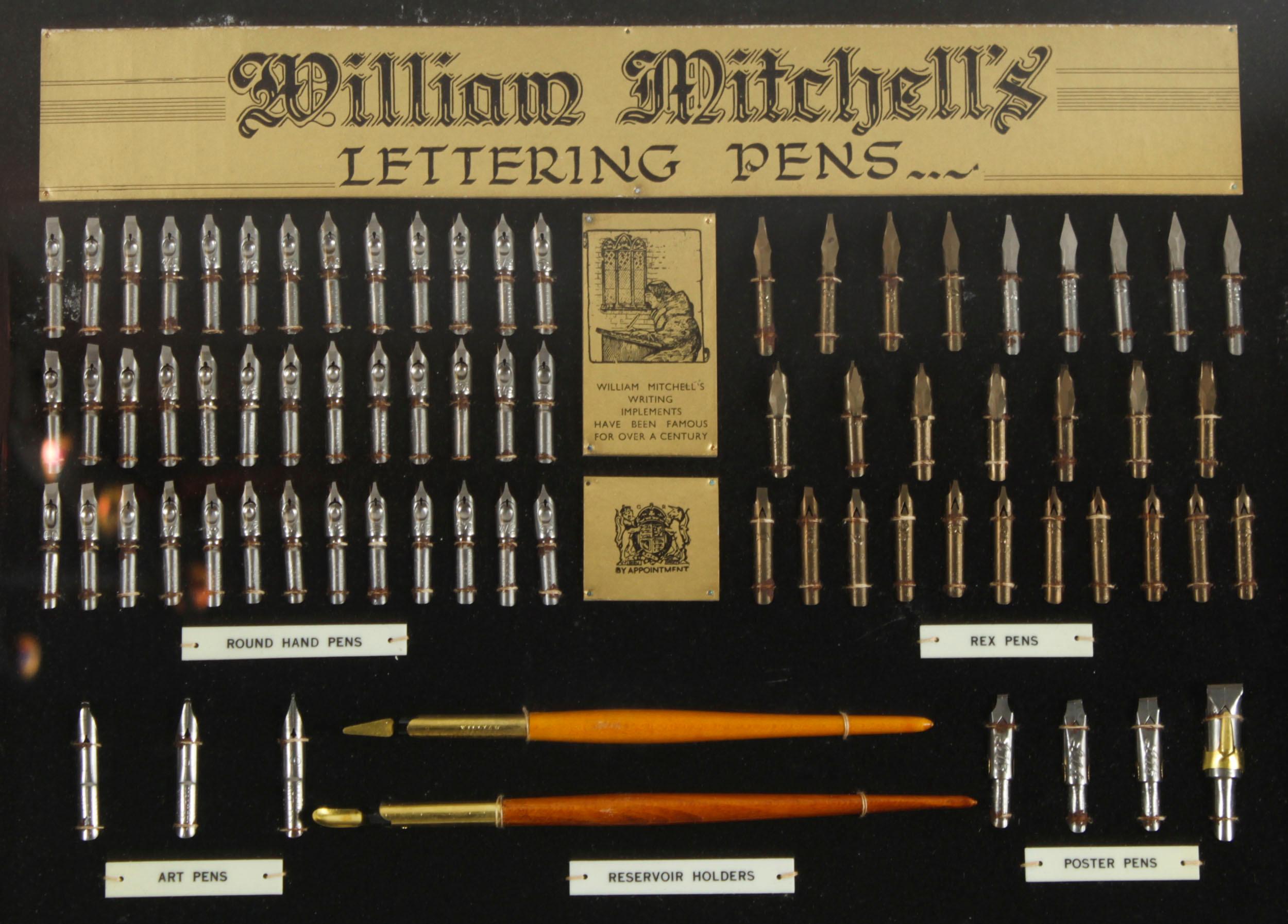 Early 20th Century Antique Framed Display of Lettering Pens Nibs William Mitchell Circa 1920 For Sale