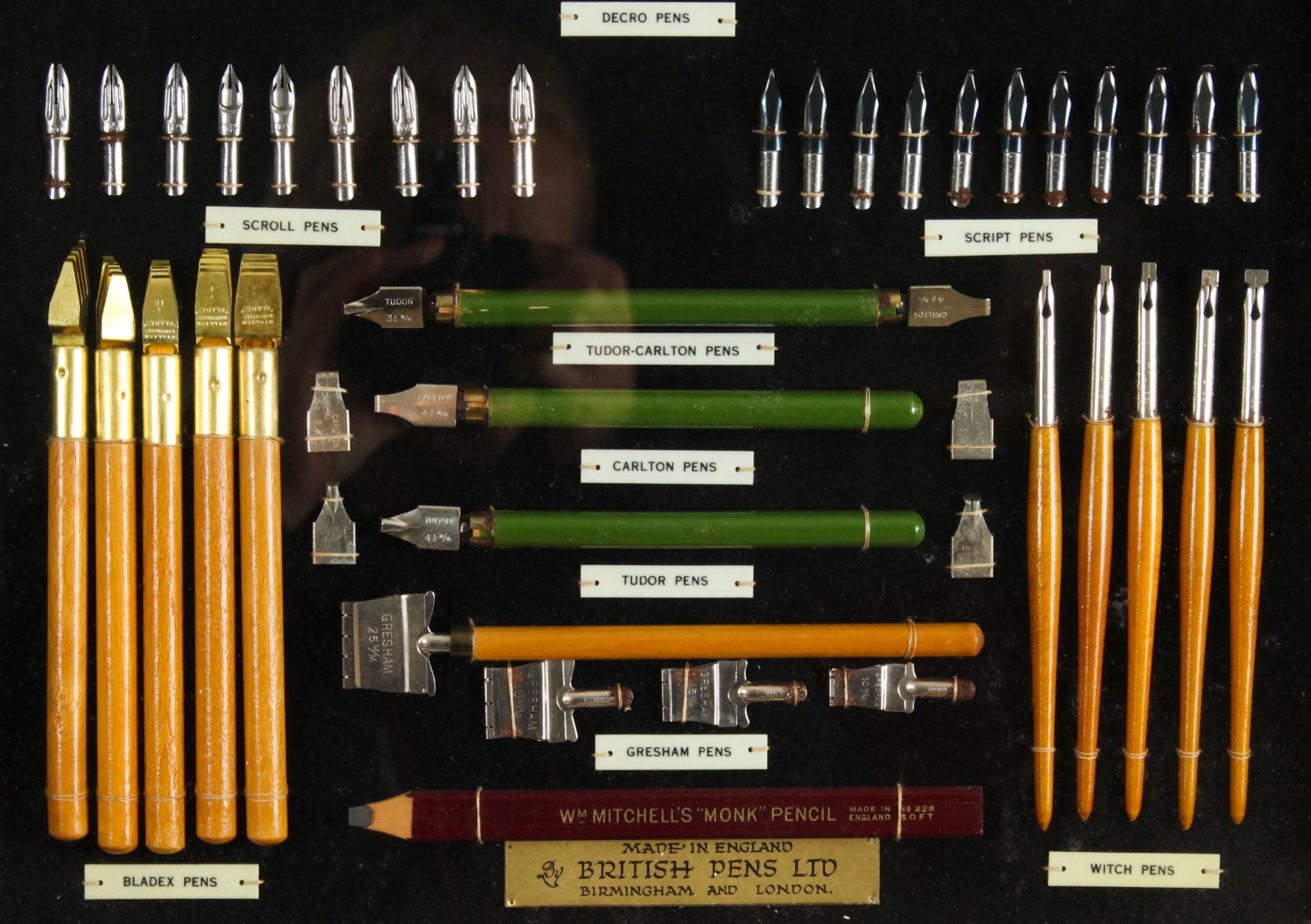 Antique Framed Display of Lettering Pens Nibs William Mitchell Circa 1920 For Sale 1