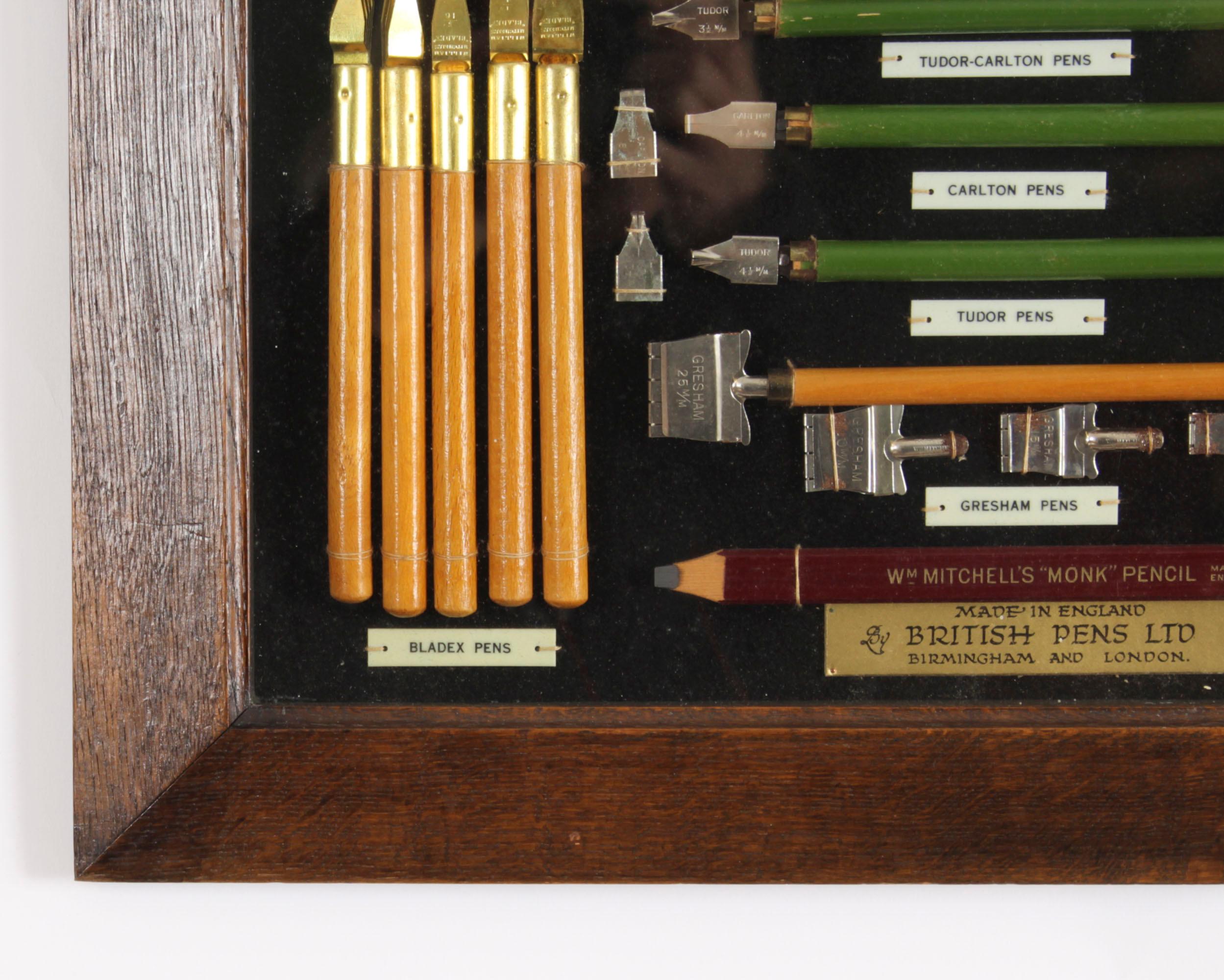 Antique Framed Display of Lettering Pens Nibs William Mitchell Circa 1920 For Sale 2