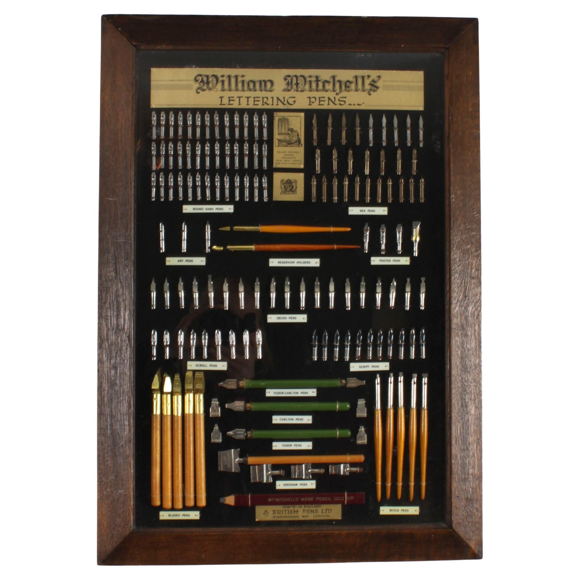 Antique Framed Display of Lettering Pens Nibs William Mitchell Circa 1920 For Sale