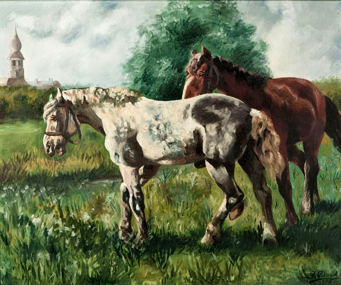 Antique framed Dutch oil painting on canvas by G. Diervjck, dated 1907
In this work the artist has combined method styling with just a hint of impressionism for an intriguing effect. Two prized horses enjoy their time in a flowering meadow, while a