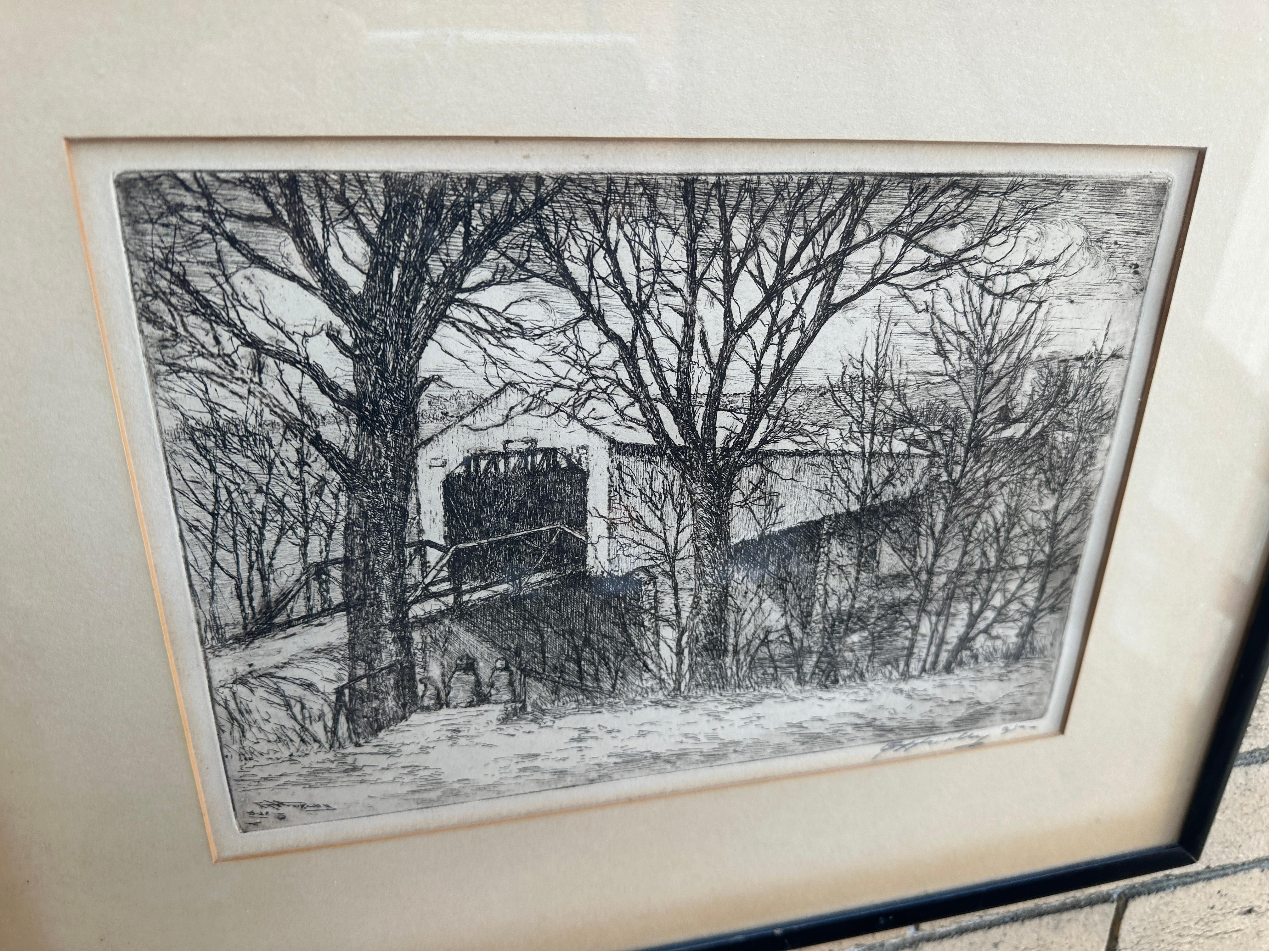 Framed Etching by E. T. HURLY, Arts & Crafts 