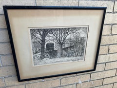 Framed Etching by E. T. HURLY, Arts & Crafts "Black Covered Bridge" Stickley ERA