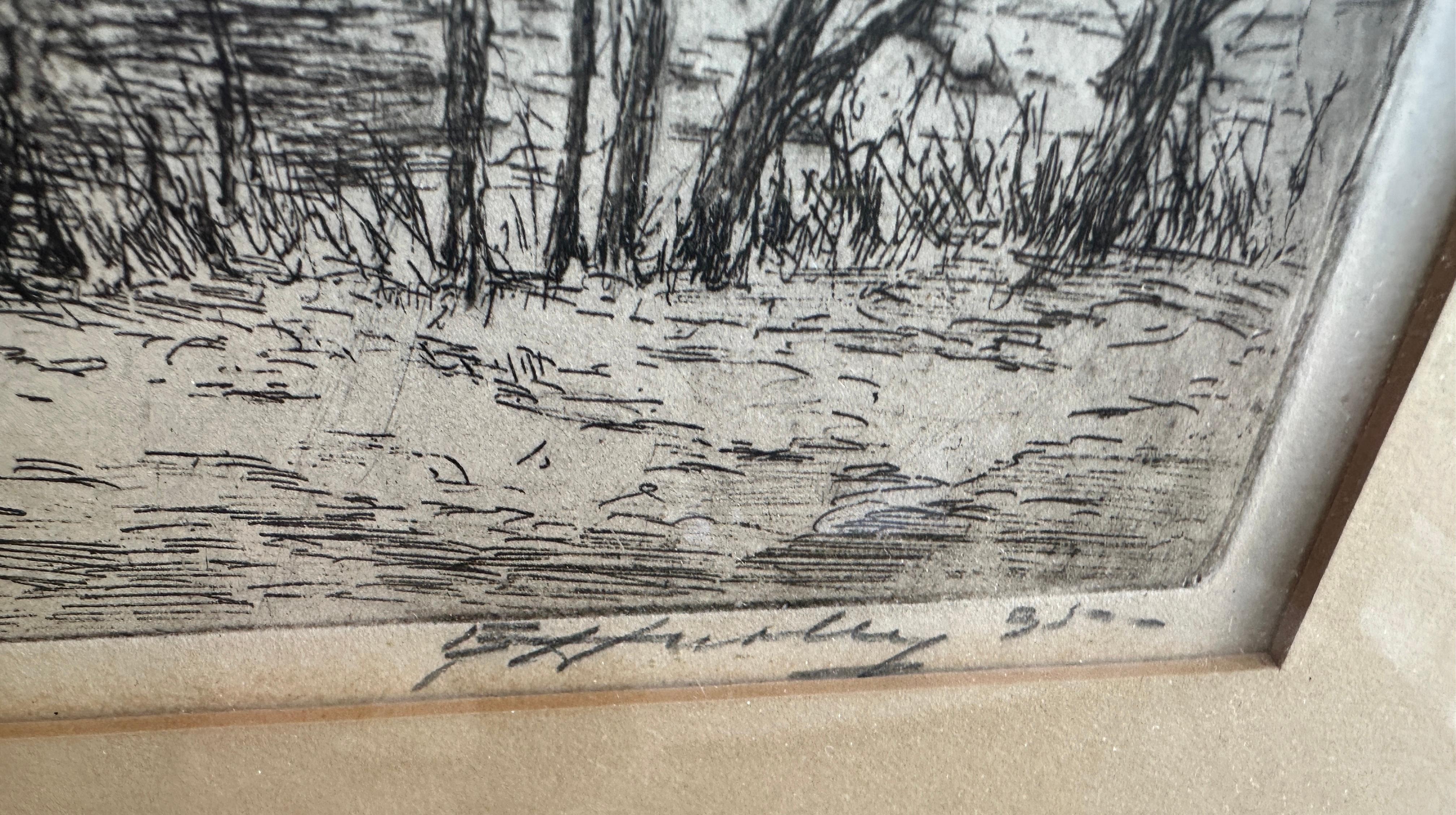 American Framed Etching by E. T. HURLY, Arts & Crafts 