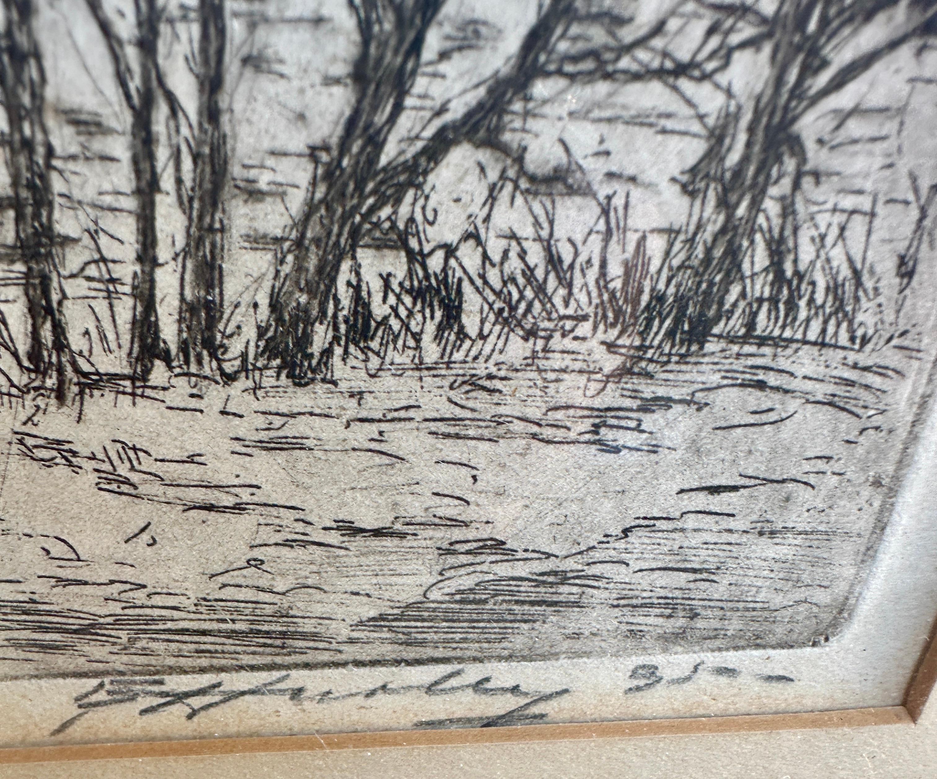 20th Century Framed Etching by E. T. HURLY, Arts & Crafts 