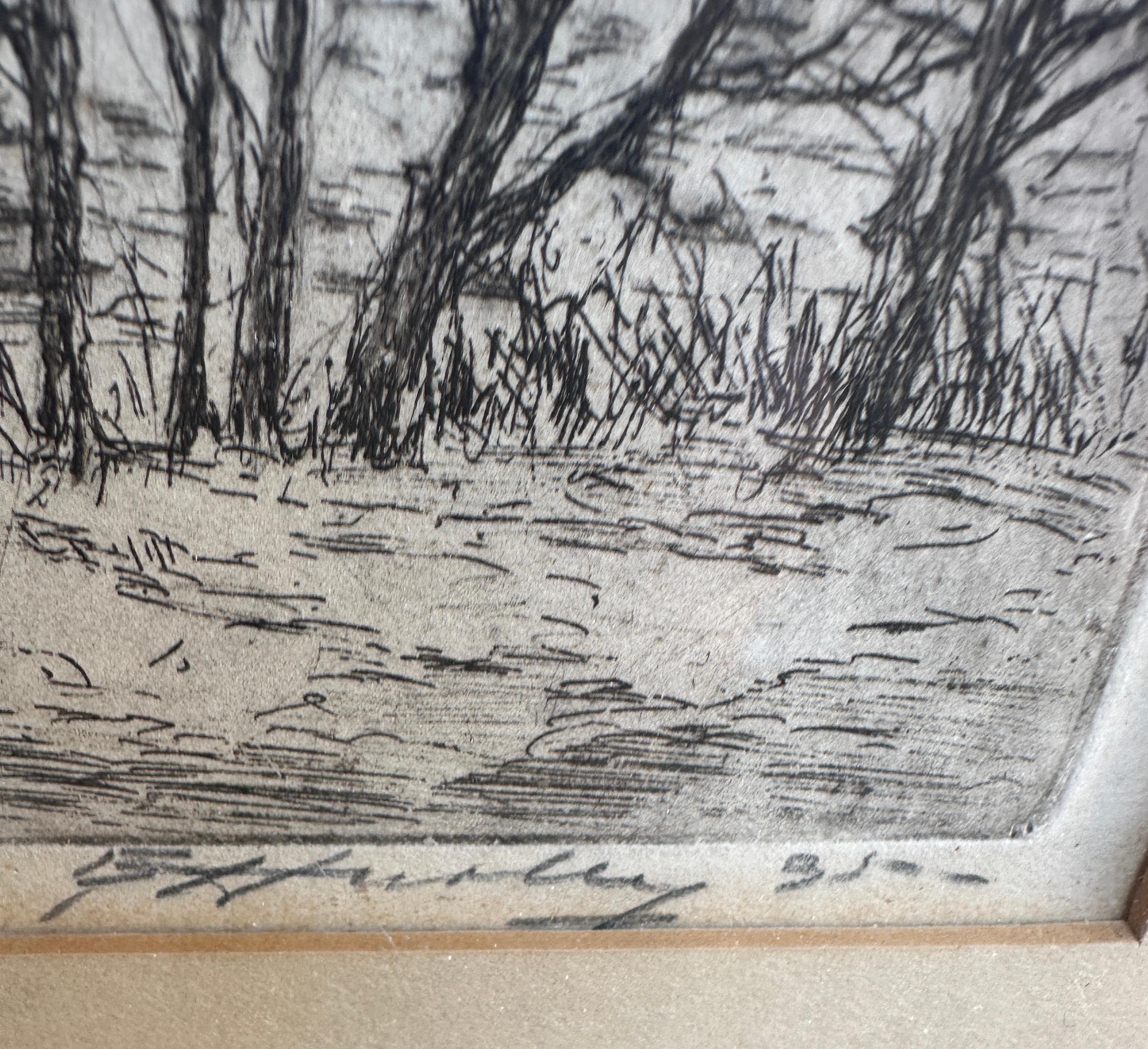 Paper Framed Etching by E. T. HURLY, Arts & Crafts 