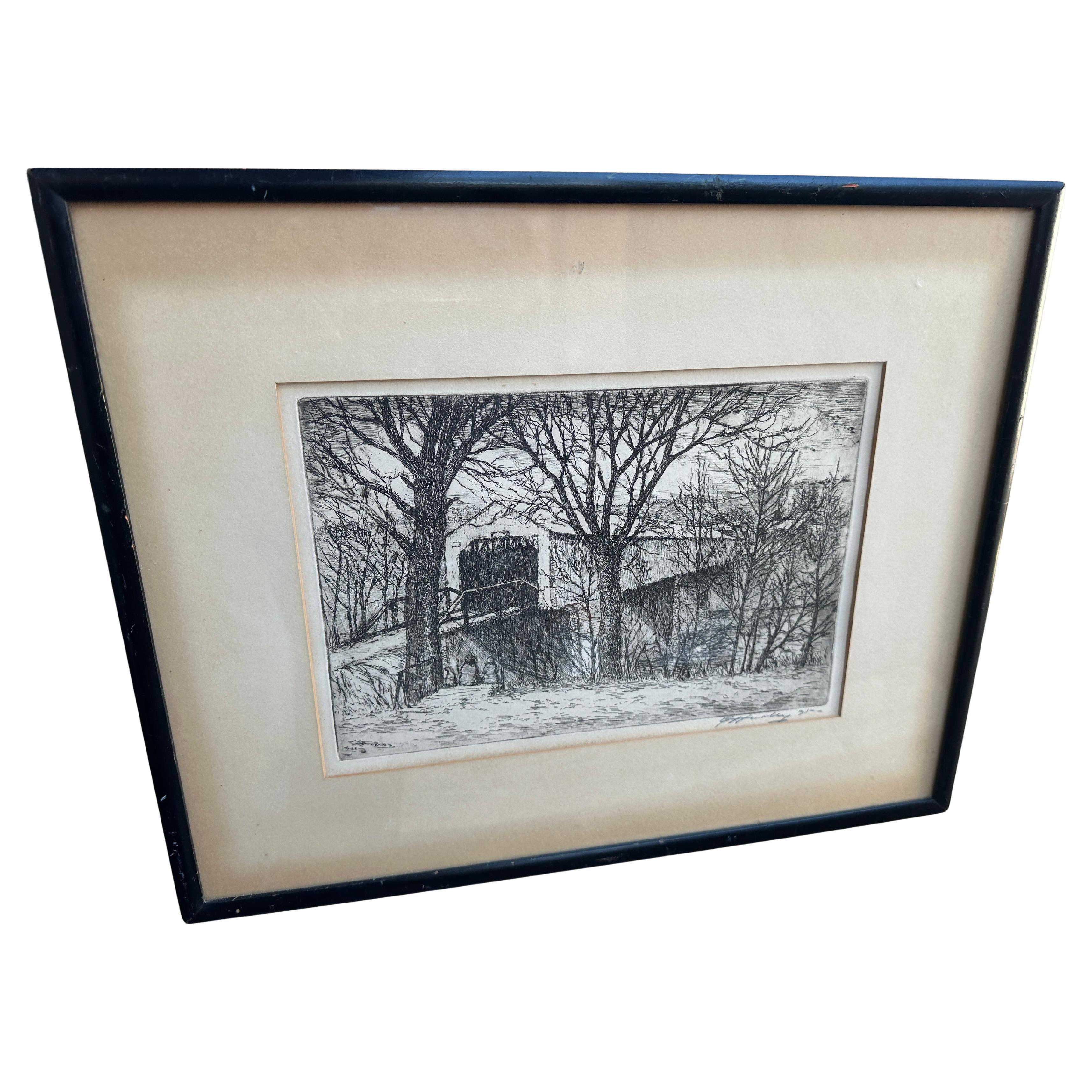 Framed Etching by E. T. HURLY, Arts & Crafts "Black Covered Bridge" Stickley ERA For Sale