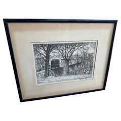 Framed Etching by E. T. HURLY, Arts & Crafts "Black Covered Bridge" Stickley ERA
