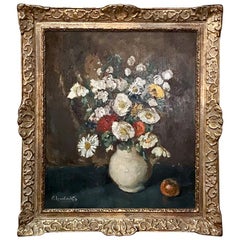 Antique Framed Floral Still Life Oil Painting on Board by Emile Lambrechts