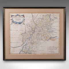 Antique Framed Gloucestershire Map, English Atlas Engraving, Cartography, C.1700