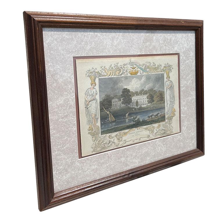 An antique hand-colored engraved bookplate of Nuneham House in Clifton Hampden, Oxfordshire, England. This print is professionally framed in a beveled wood frame with a marbled purple mat. The engraving is by John Charles Varrall, a well-known