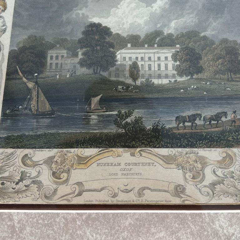 Revival Antique Framed Hand Colored Engraved Bookplate Lord Harcourts England 1800s For Sale