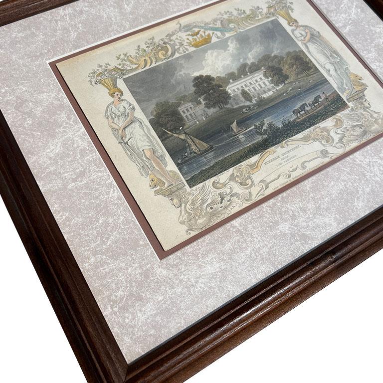 Glass Antique Framed Hand Colored Engraved Bookplate Lord Harcourts England 1800s For Sale