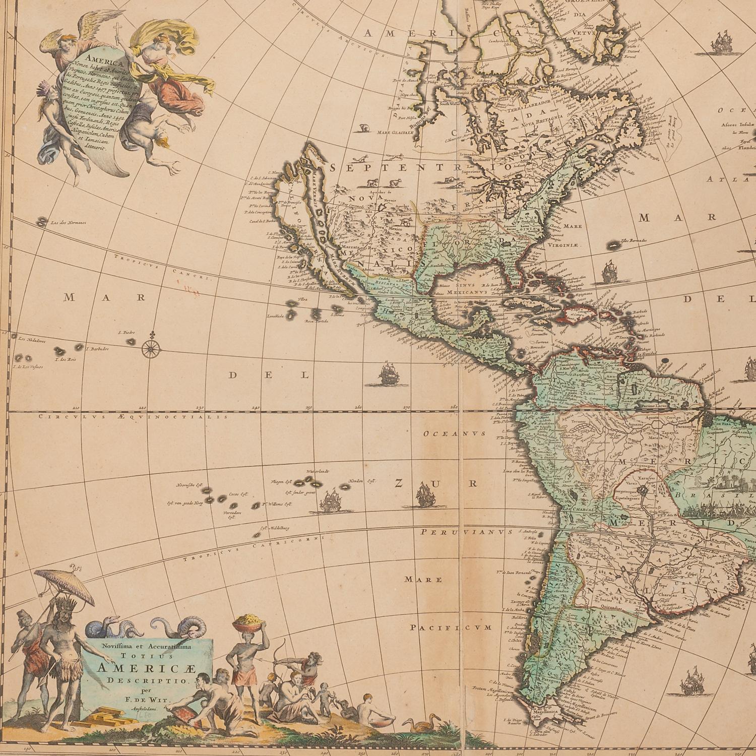 Baroque Antique Framed Hand Colored Map of the Americas by Frederick De Wit, circa 1675