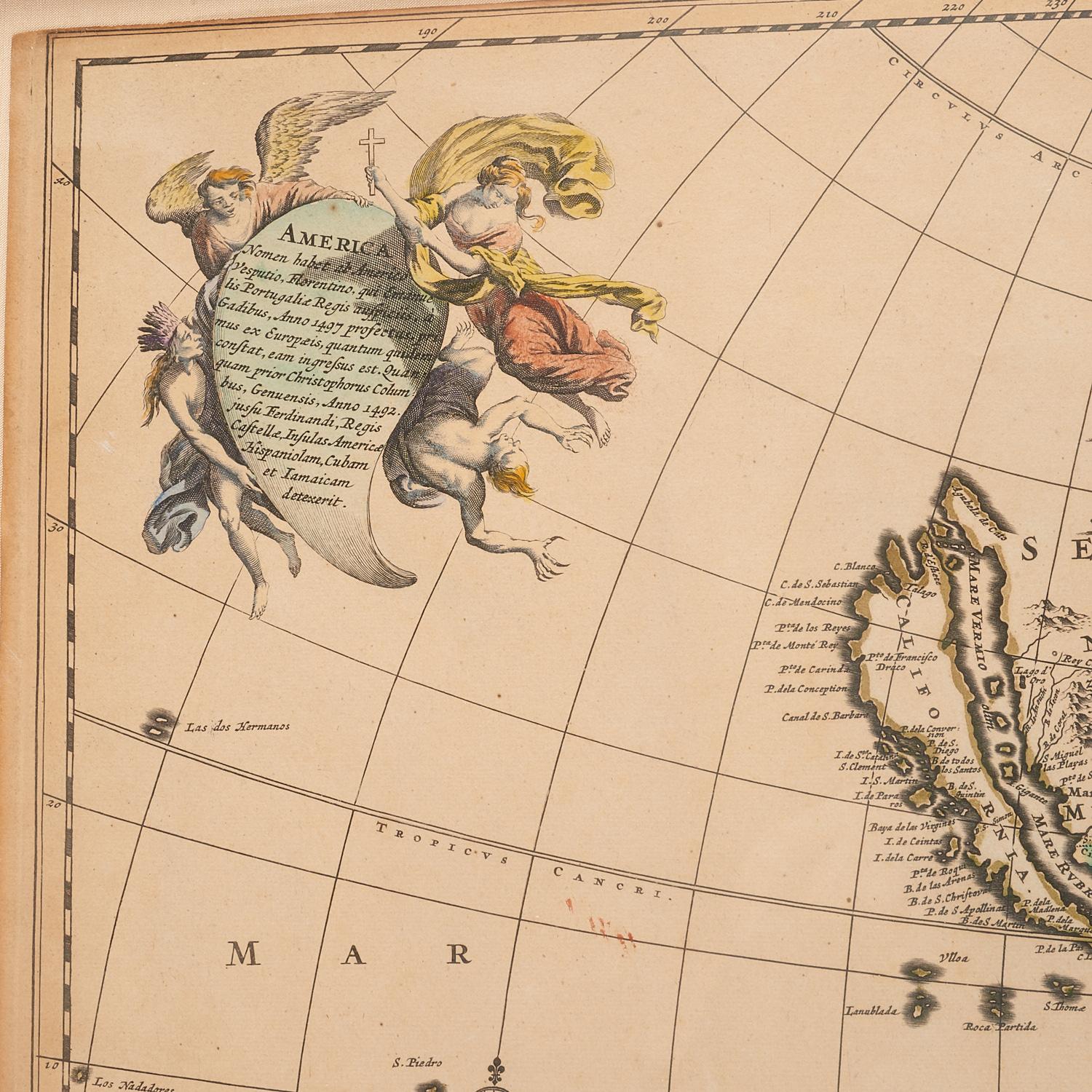 Late 17th Century Antique Framed Hand Colored Map of the Americas by Frederick De Wit, circa 1675