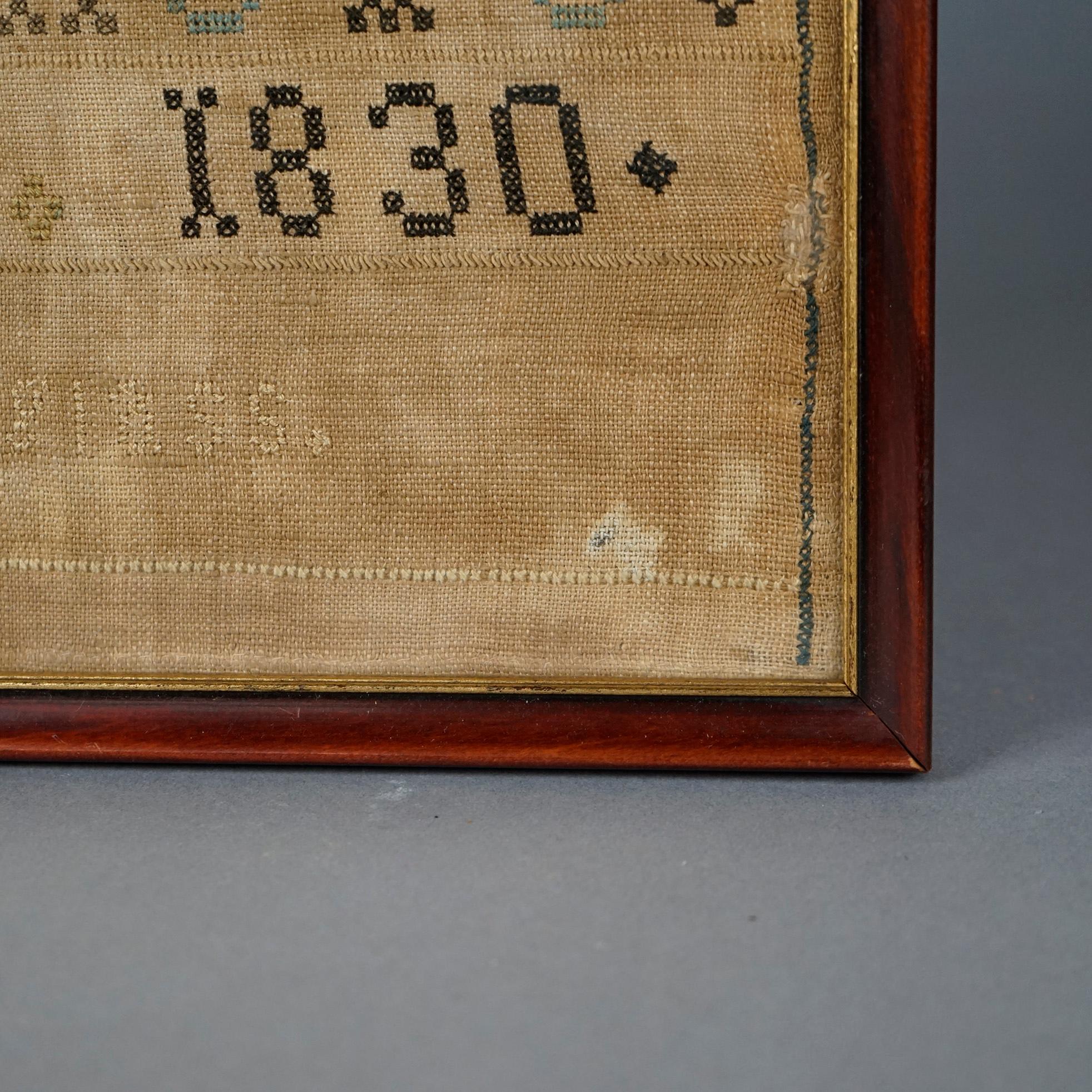 American Antique Framed Hand Crafted Needlework ABC Alphabet Sampler Dated 1830