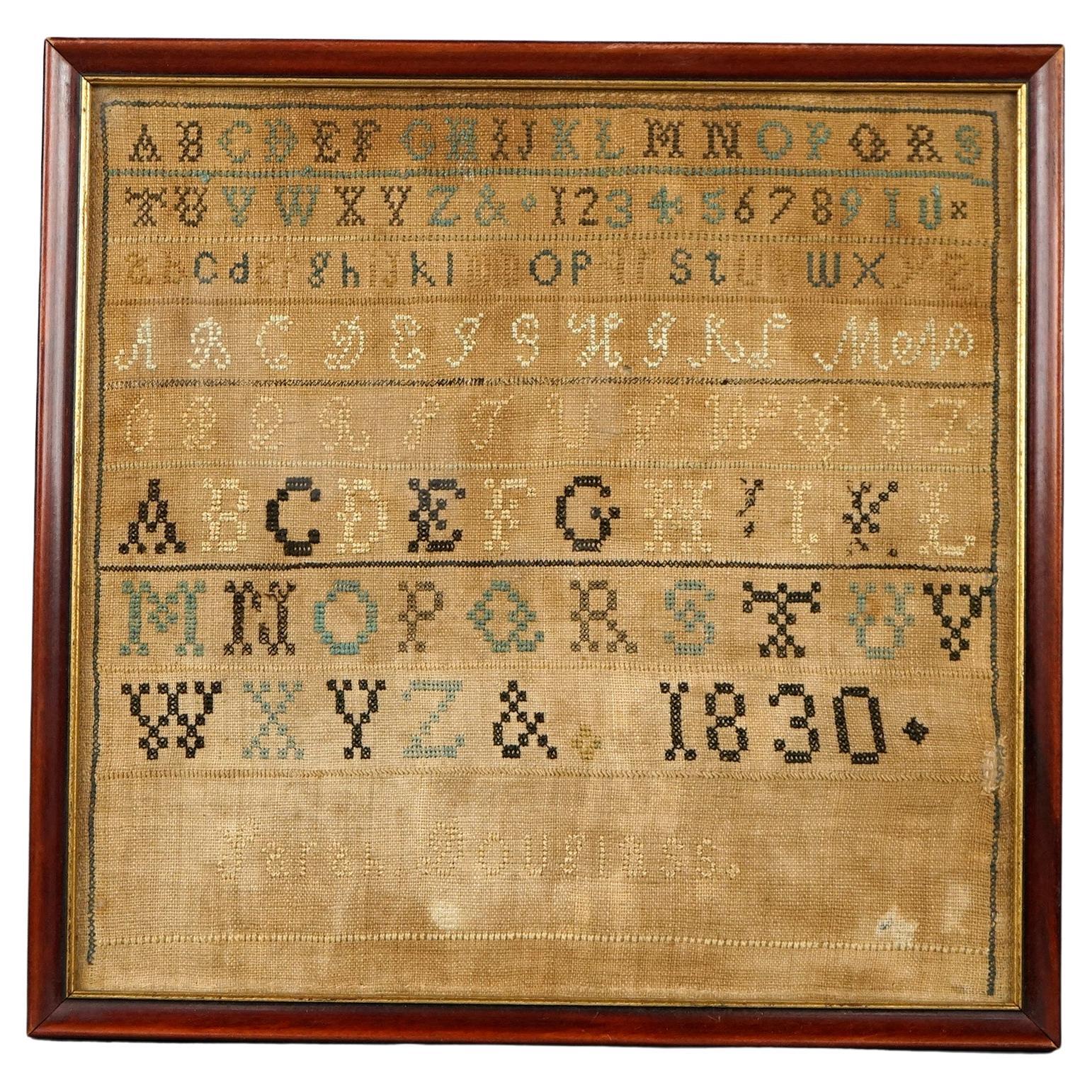 Antique Framed Hand Crafted Needlework ABC Alphabet Sampler Dated 1830