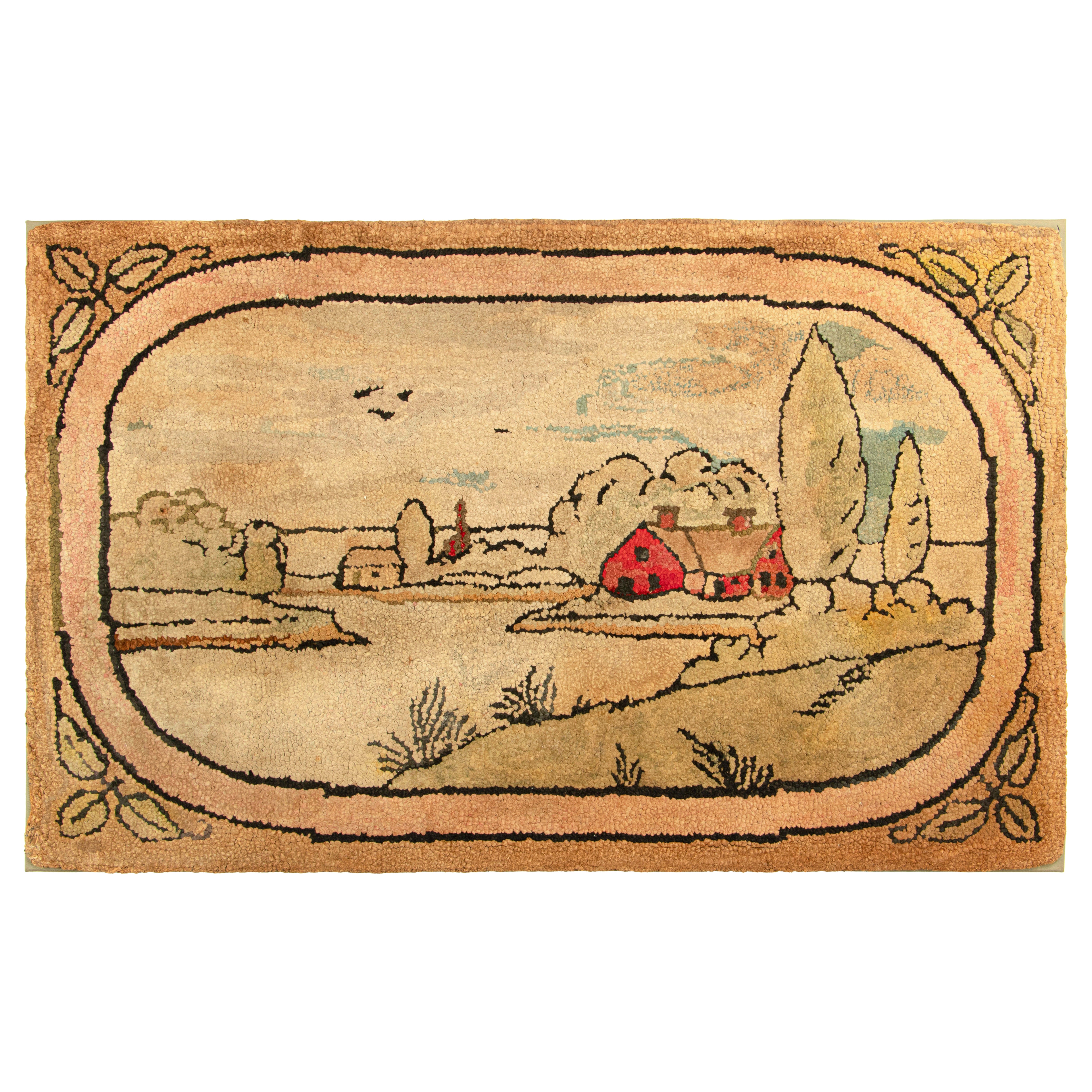 Tappeto antico con ganci in beige-marrone con paesaggio pittorico - Rug & Kilim