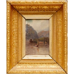 Antique Framed Hudson River School, River Landscape with Figures in a Sailboat