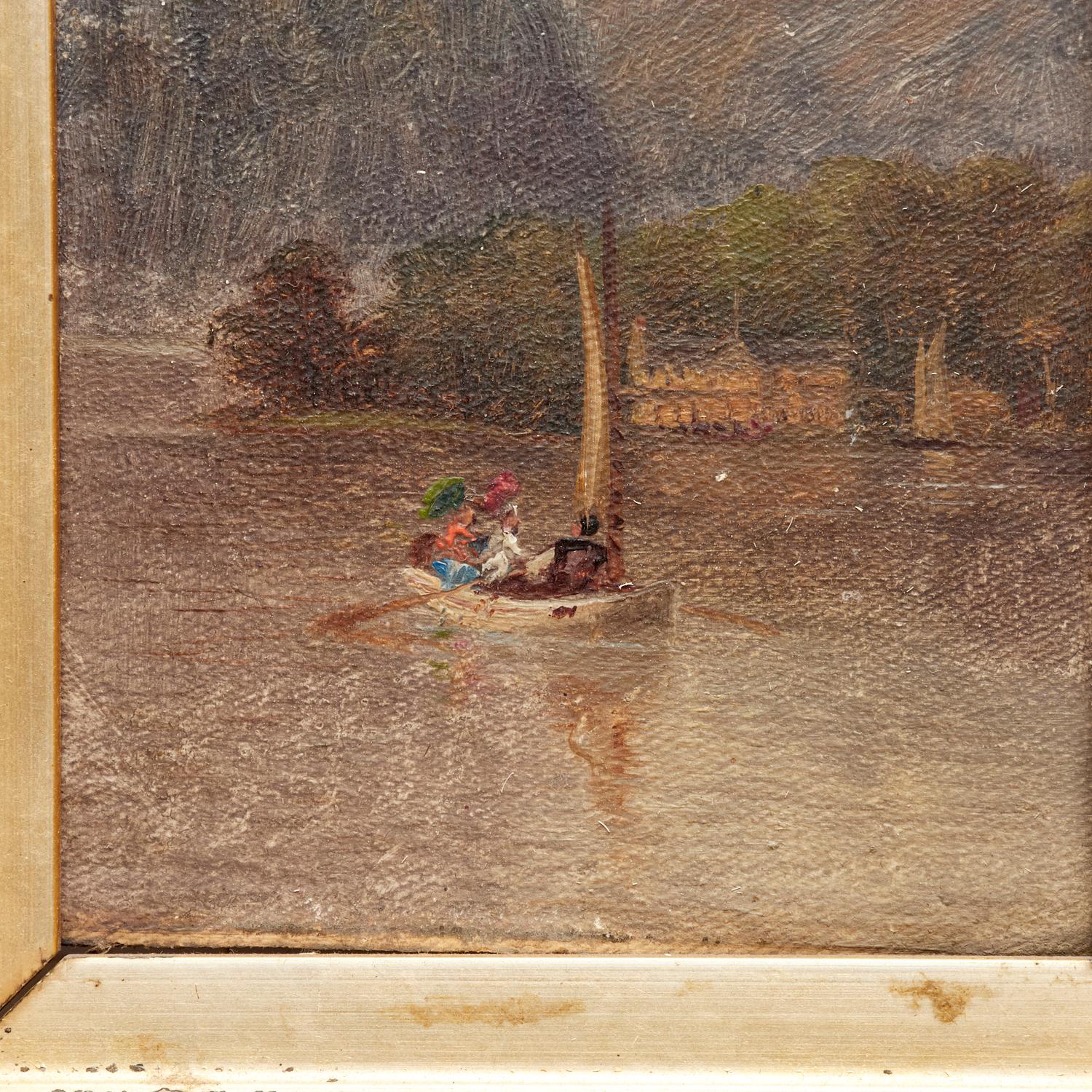 Americano Antico paesaggio fluviale incorniciato della Scuola del fiume Hudson con figure in barca a vela in vendita