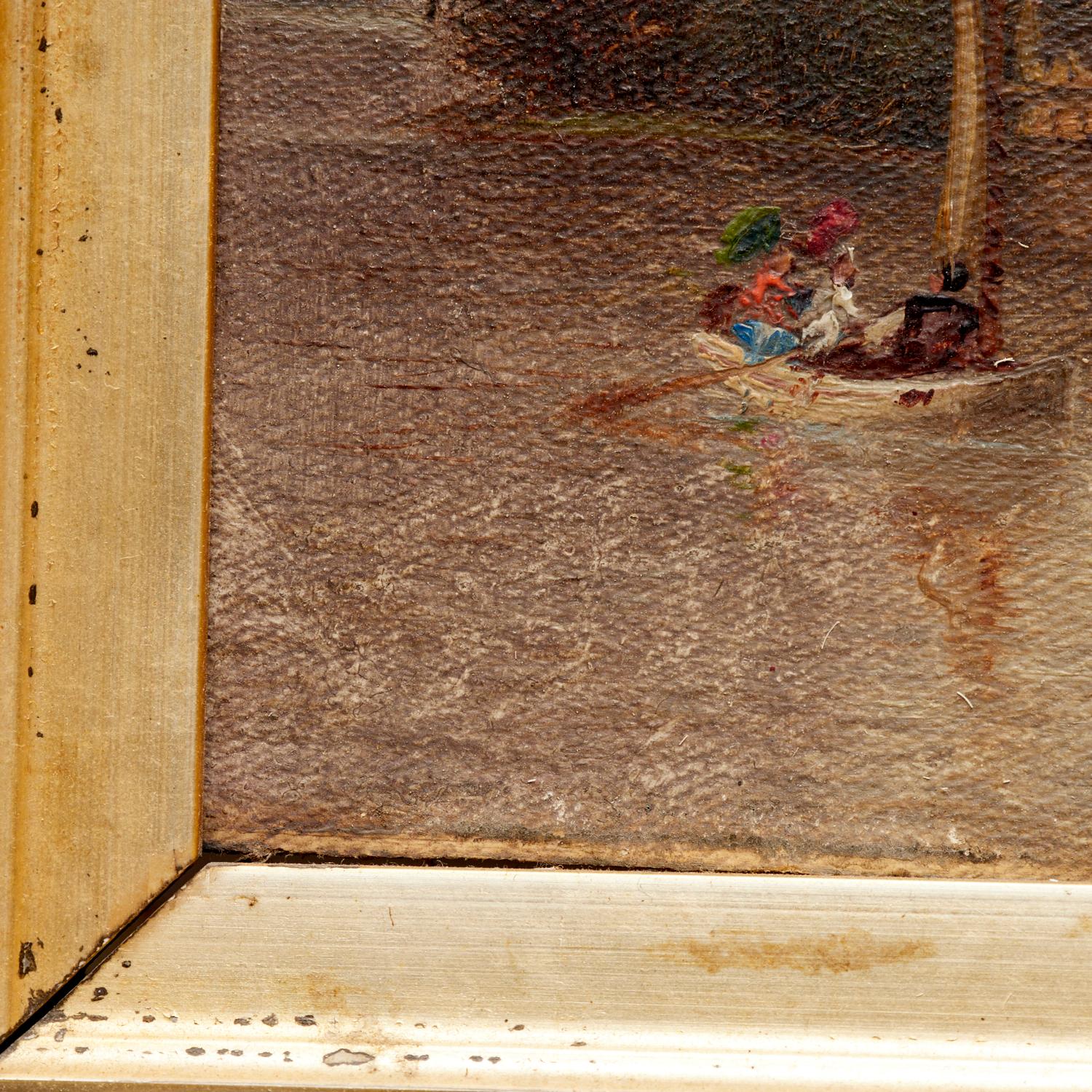 Dipinto a mano Antico paesaggio fluviale incorniciato della Scuola del fiume Hudson con figure in barca a vela in vendita