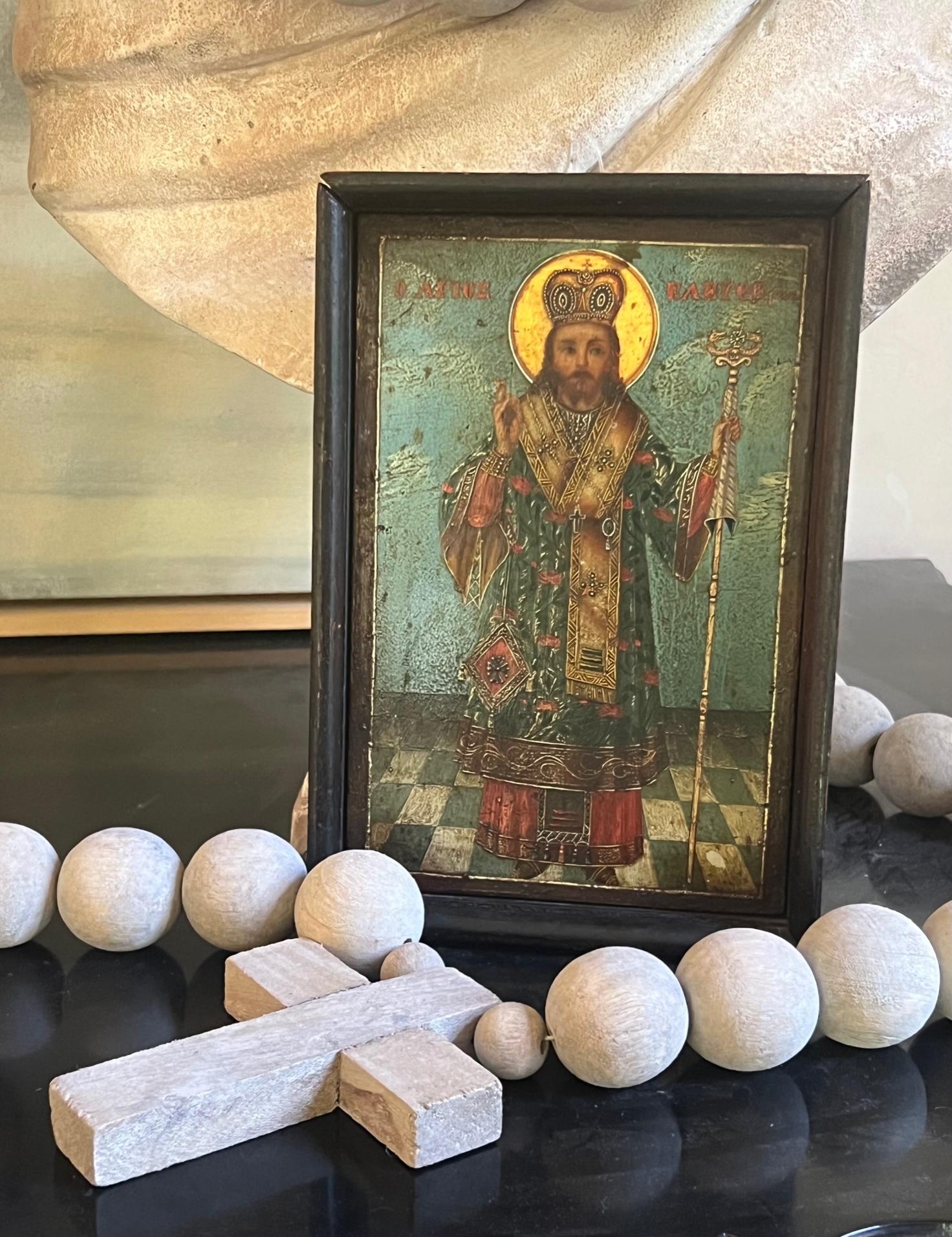 Antique Framed Icon Painted on Wood With Gilt Accents For Sale 5